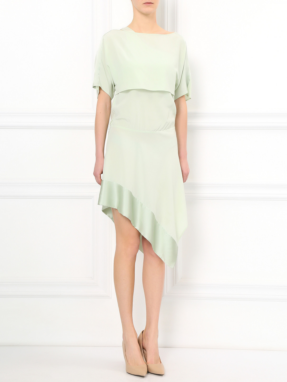 Платье из шелка асимметричного кроя Barbara Bui  –  Модель Общий вид  – Цвет:  Зеленый