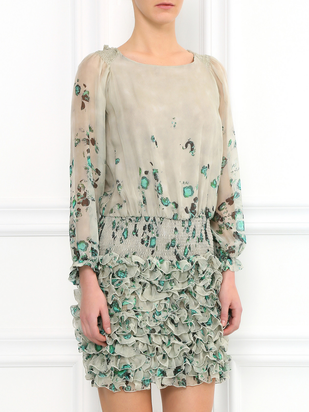 Платье-мини из шелка с цветочным узором JO NO FUI  –  Модель Верх-Низ  – Цвет:  Зеленый