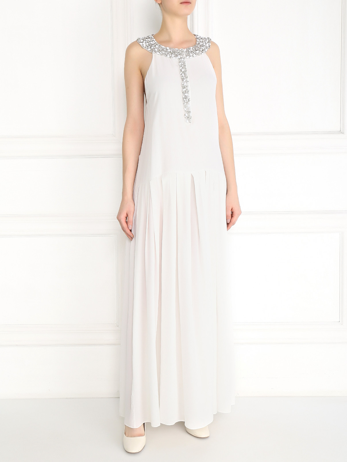 Платье-макси из шелка декорированное кристаллами Ermanno Scervino  –  Модель Общий вид  – Цвет:  Белый