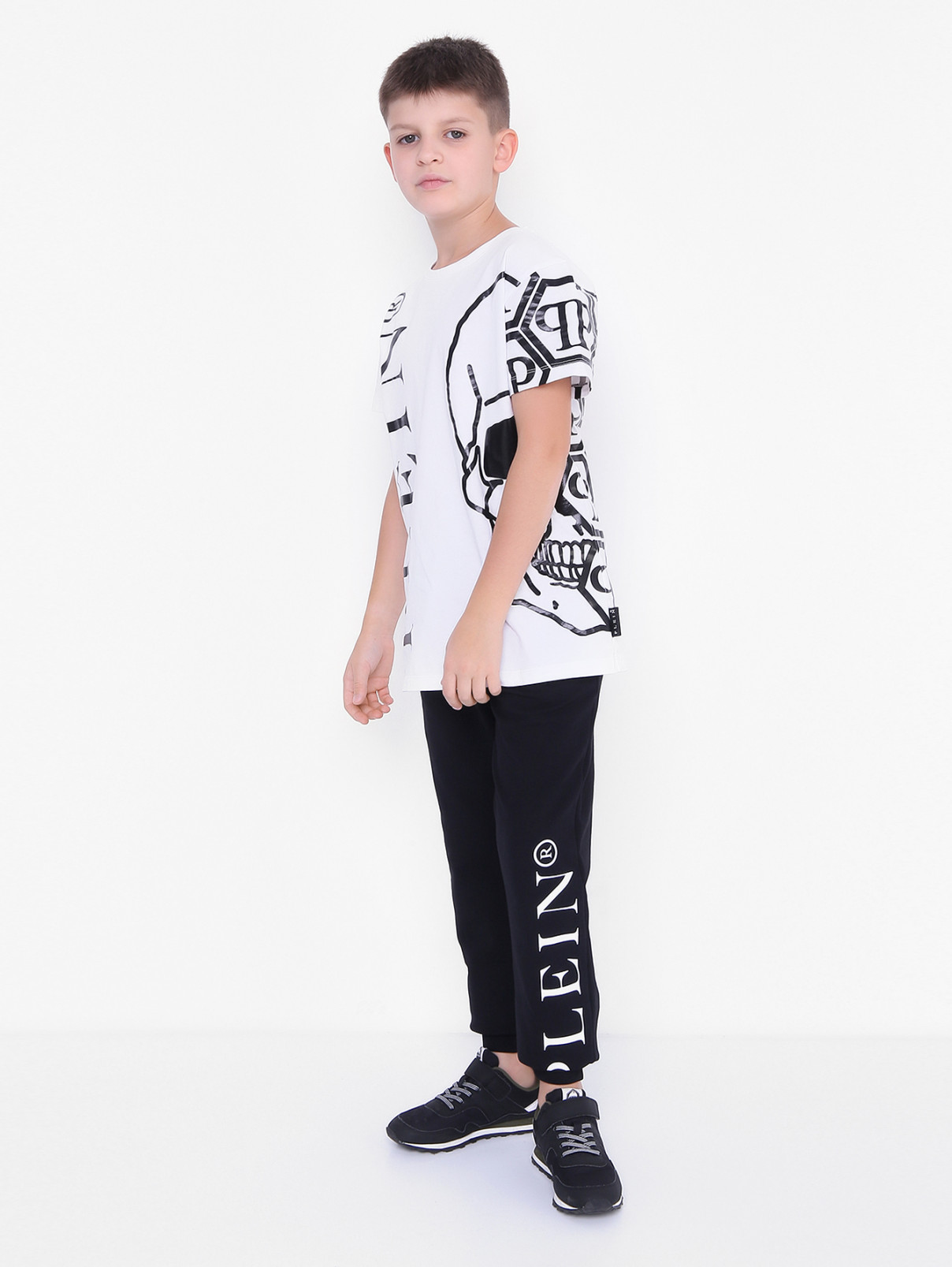 Хлопковая футболка с контрастным принтом Philipp Plein  –  МодельОбщийВид  – Цвет:  Белый