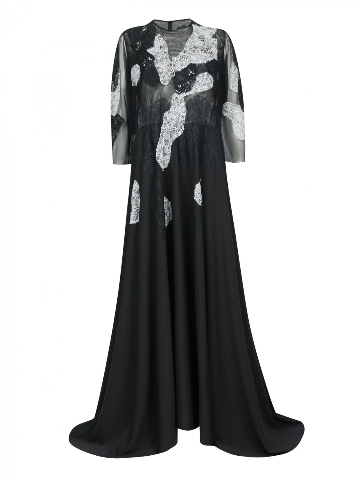 Платье-макси декорированное кружевом и кристаллами Marina Rinaldi  –  Общий вид  – Цвет:  Черный