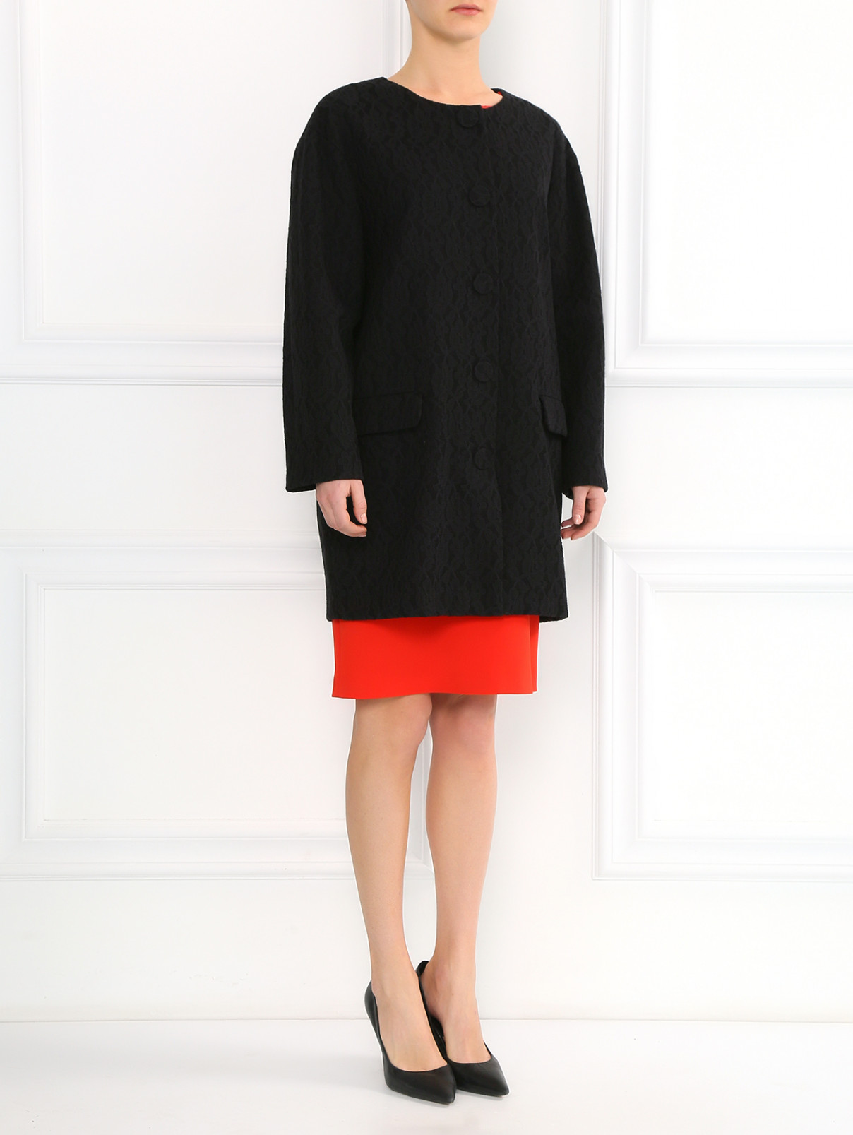 Пальто декорированное кружевом Moschino Boutique  –  Модель Общий вид  – Цвет:  Черный