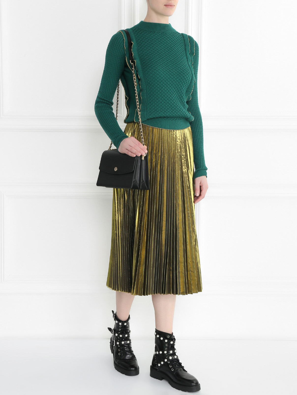 Плиссированная юбка-миди с эффектом "металлик" Mo&Co  –  Модель Общий вид  – Цвет:  Золотой
