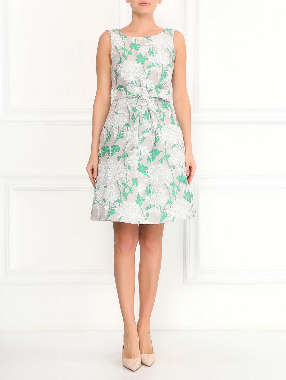 Платье-мини с цветочным узором и поясом P.A.R.O.S.H.  –  Модель Общий вид  – Цвет:  Серый