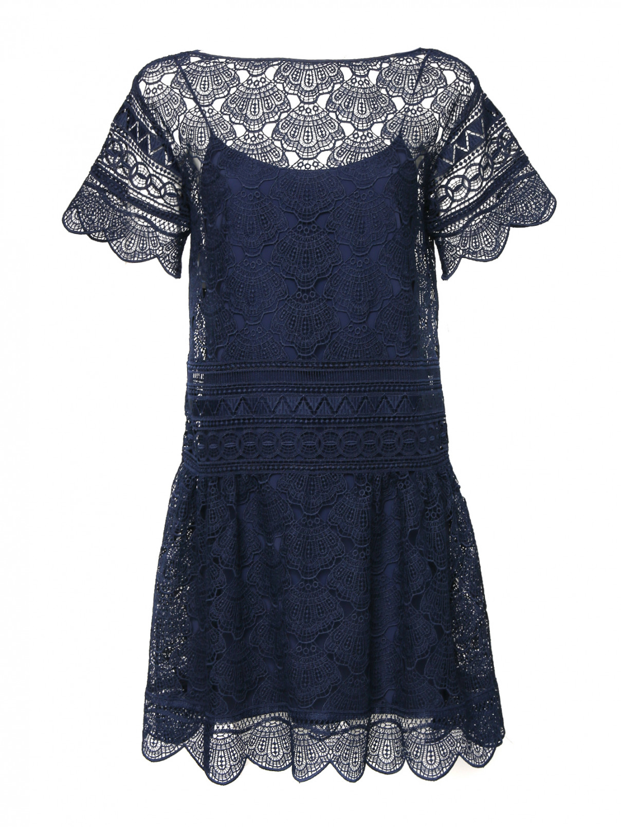 Платье из кружева с короткими рукавами Alberta Ferretti  –  Общий вид  – Цвет:  Синий