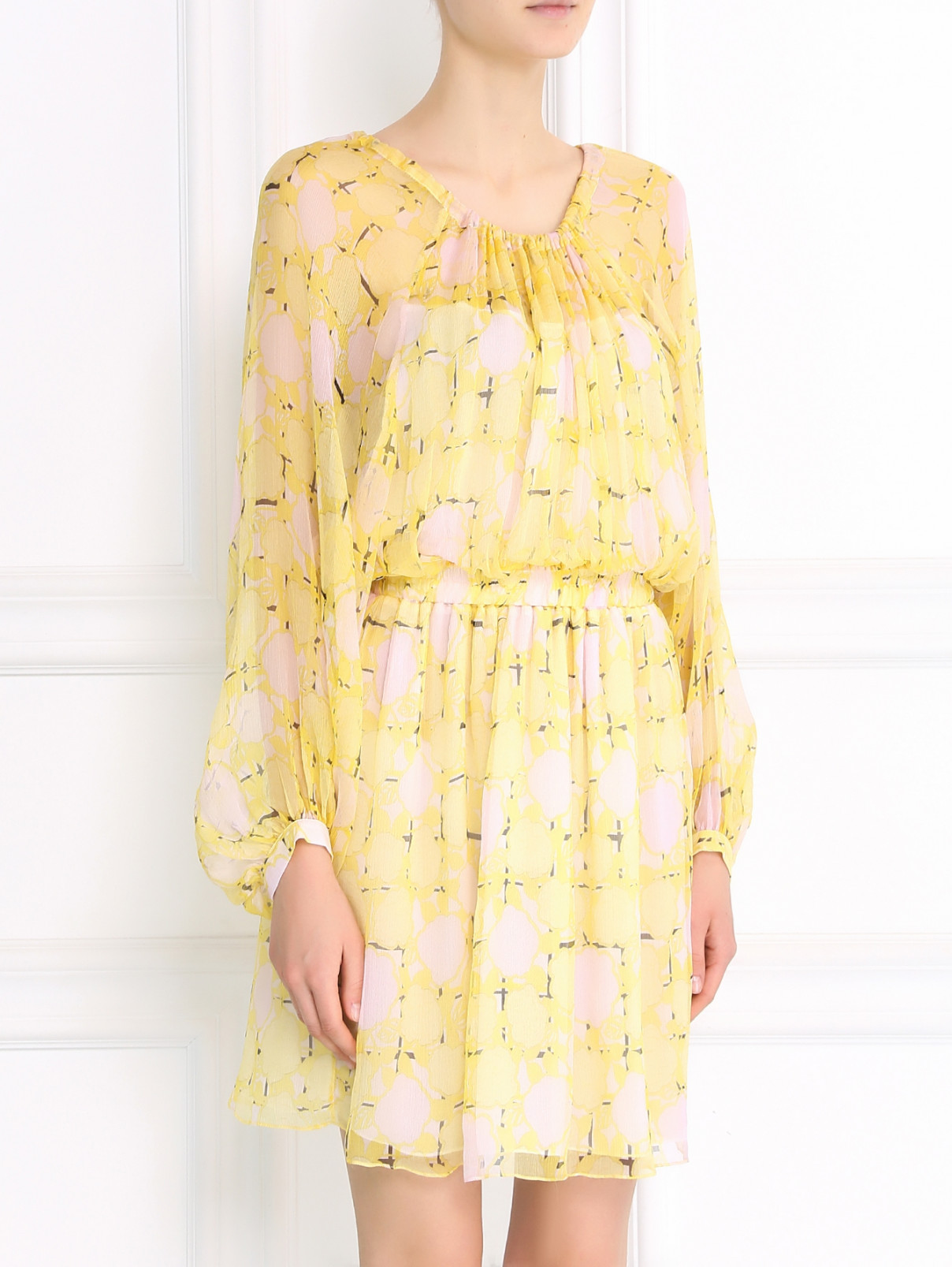 Шелковое платье-мини с цветочным узором Tara Jarmon  –  Модель Верх-Низ  – Цвет:  Желтый