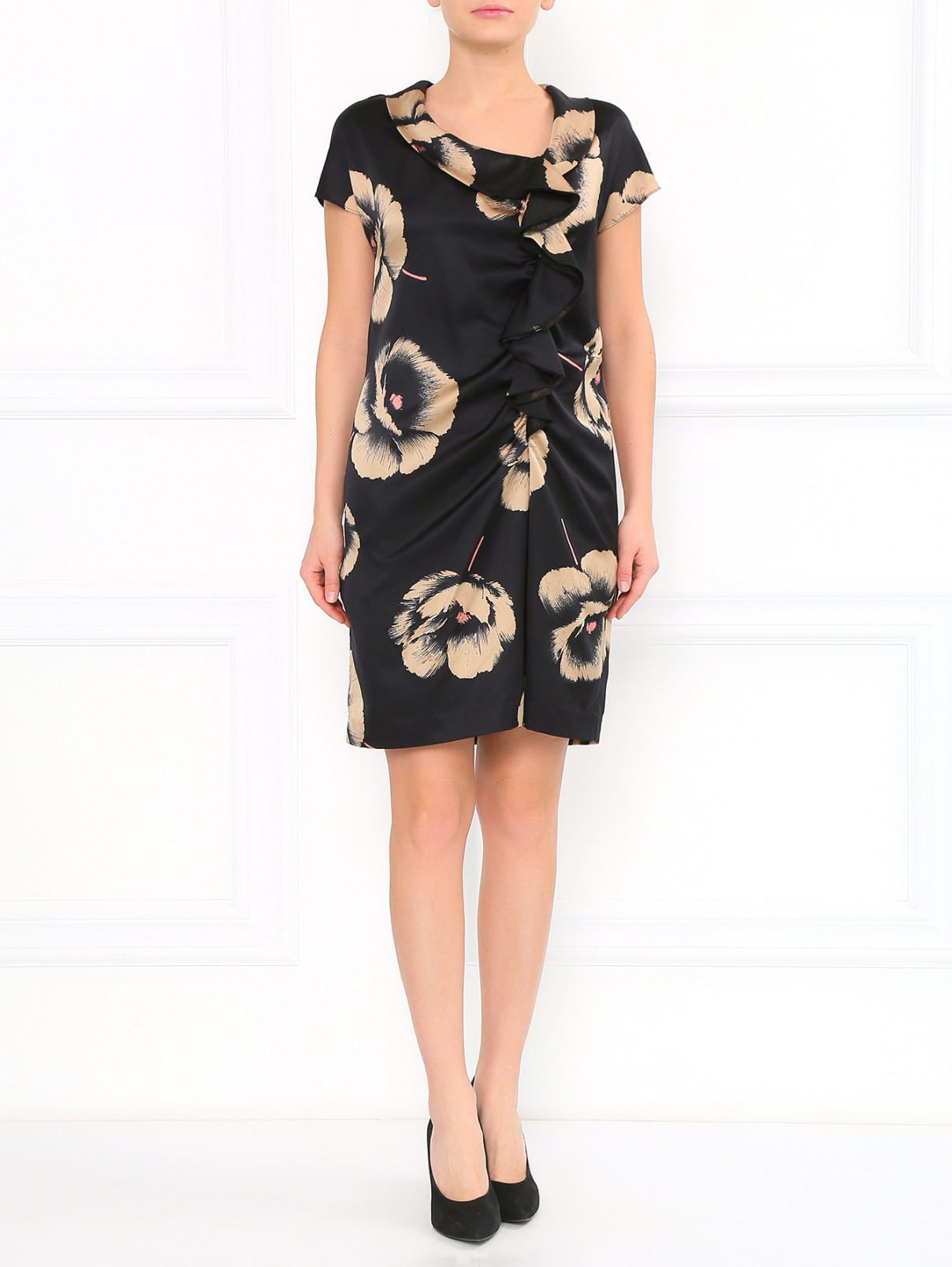 Платье из шелка и хлопка с цветочным принтом Moschino  –  Модель Общий вид  – Цвет:  Черный