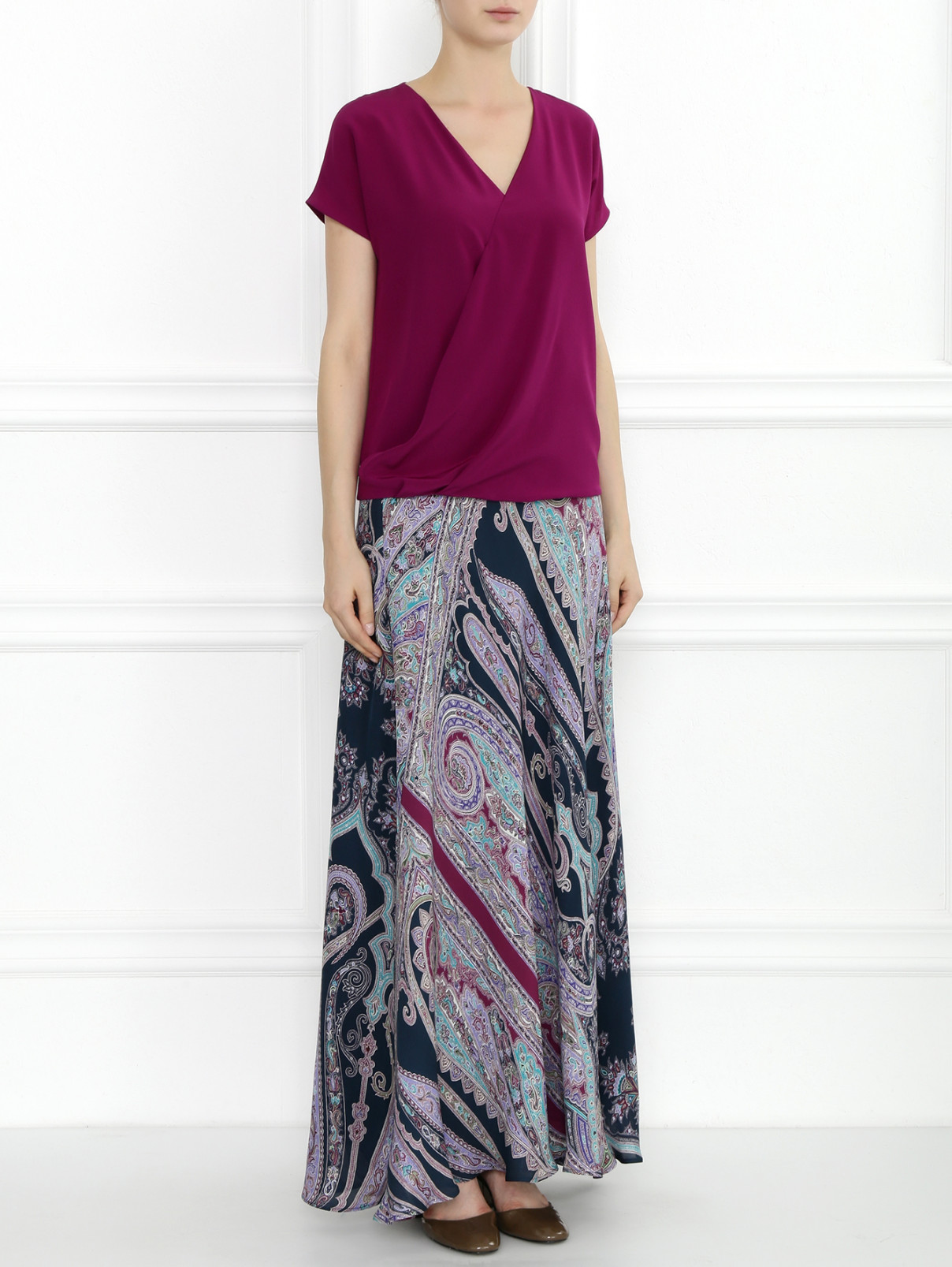 Блуза свободного кроя из шелка с драпировкой и короткими рукавами Etro  –  Модель Общий вид  – Цвет:  Фиолетовый
