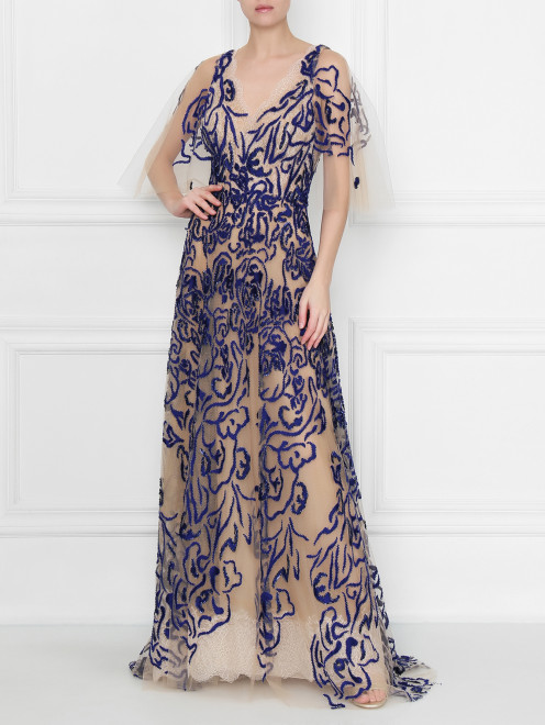 Платье из сетки и кружева с вышивкой Yolan Cris - МодельОбщийВид