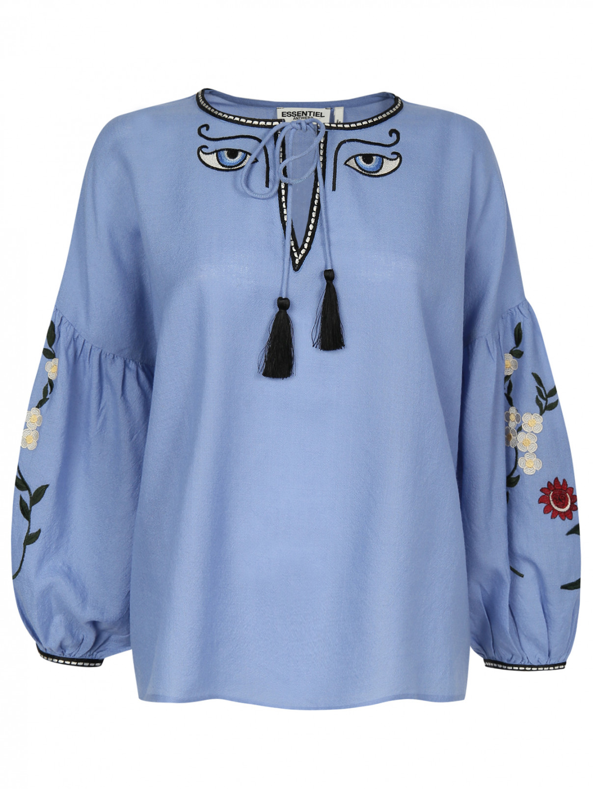 Блуза из шерсти с объемными рукавами и декоративной отделкой Essentiel Antwerp  –  Общий вид  – Цвет:  Синий