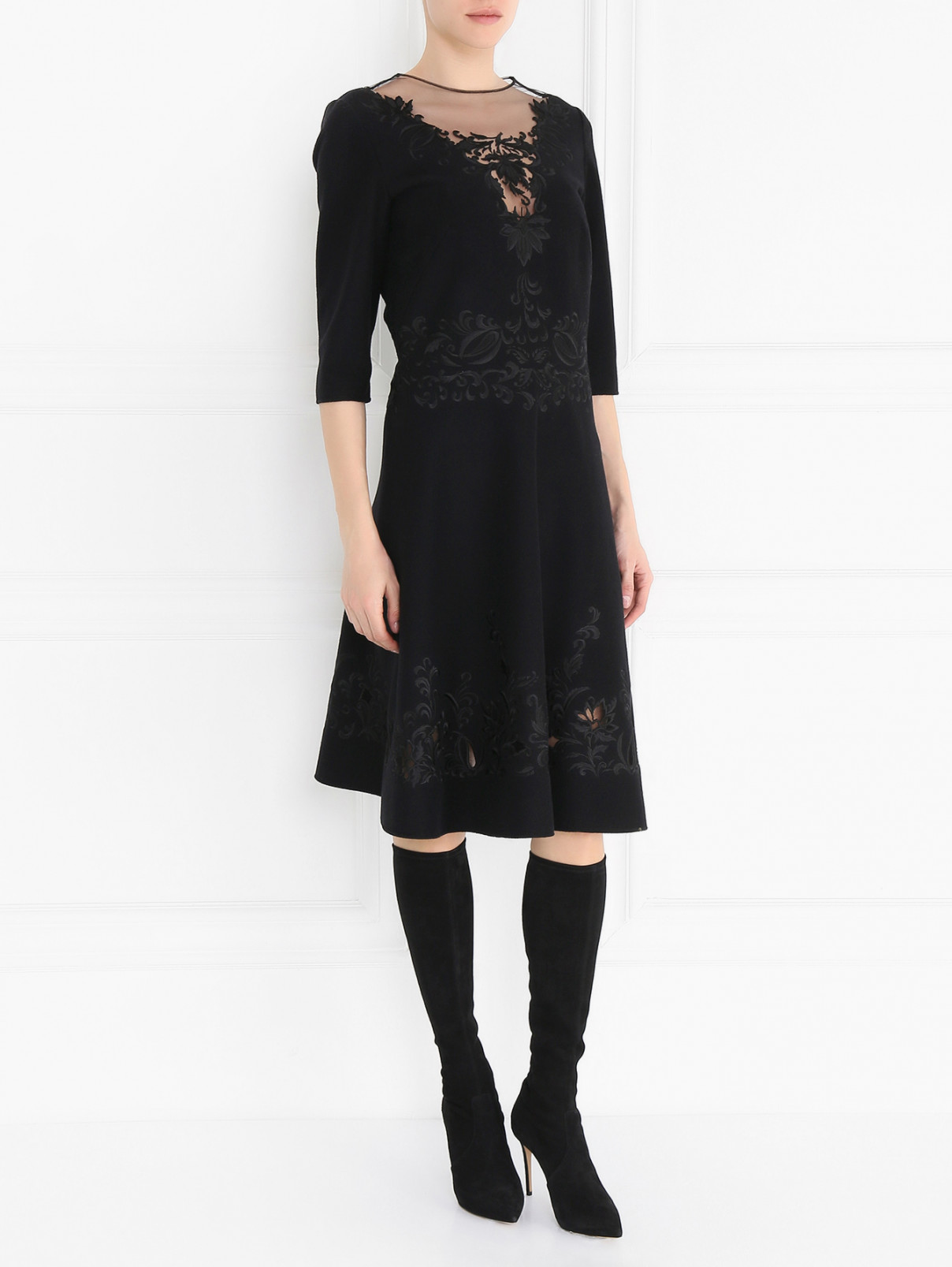 Платье из шерсти с объемной вышивкой Ermanno Scervino  –  Модель Общий вид  – Цвет:  Черный