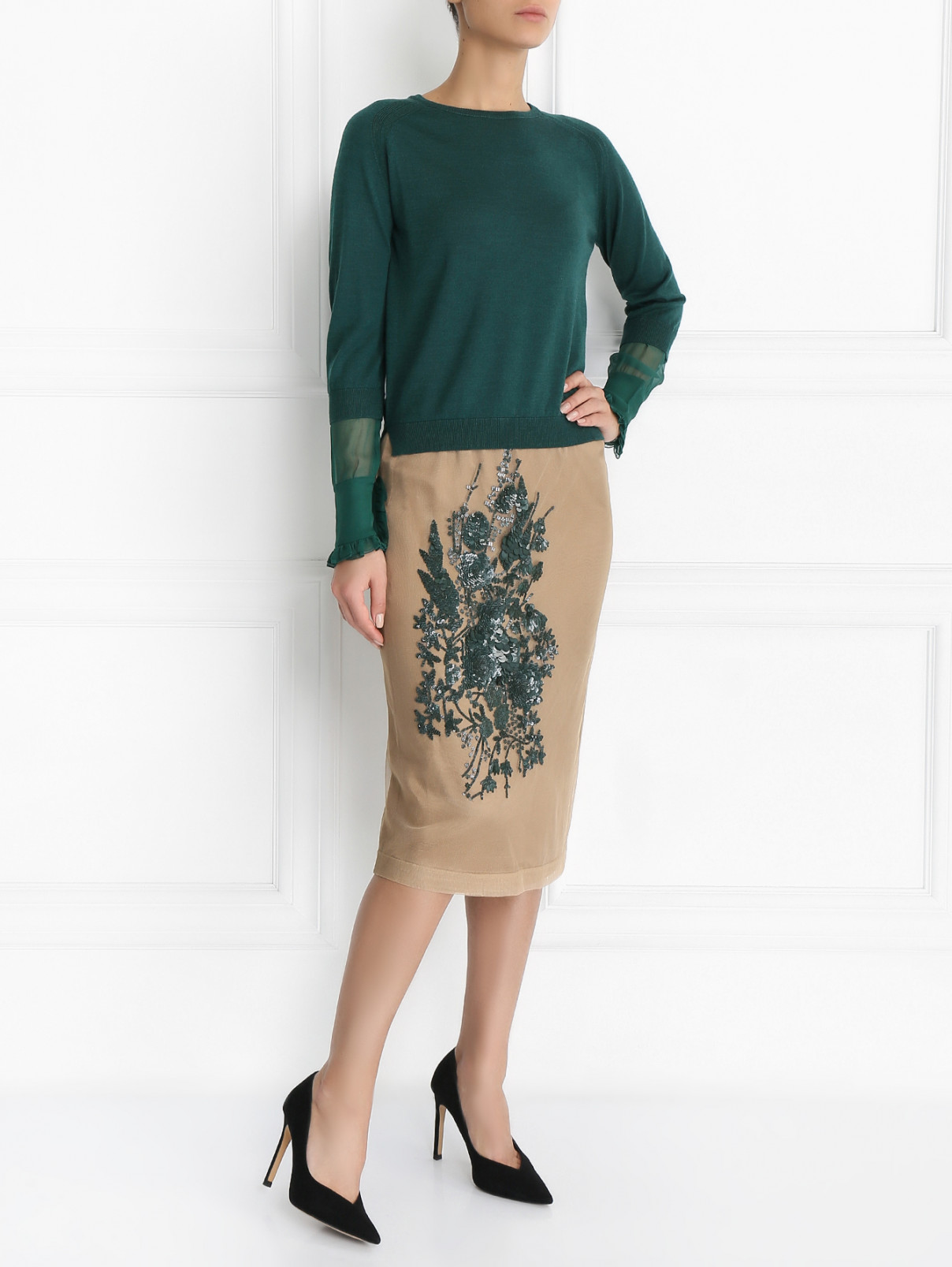 Джемпер из шерсти с шелковыми манжетами N21  –  Модель Общий вид  – Цвет:  Зеленый