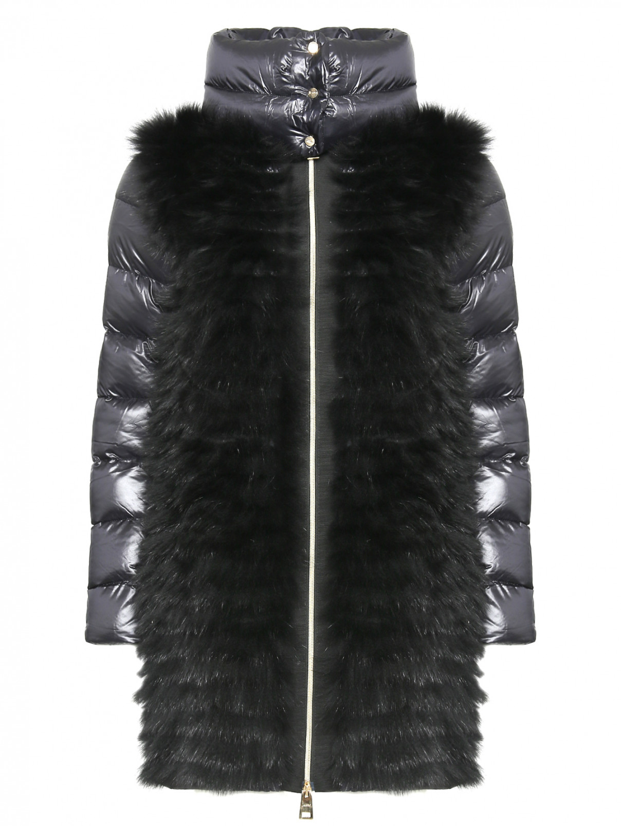 Комбинированное пальто с меховой отделкой Herno  –  Общий вид  – Цвет:  Черный