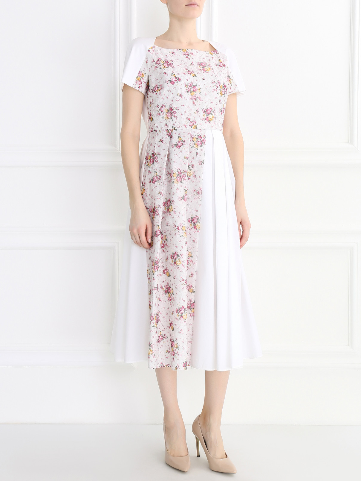 Платье-миди из хлопка с цветочным узором и кружевной отделкой Antonio Marras  –  Модель Общий вид  – Цвет:  Белый