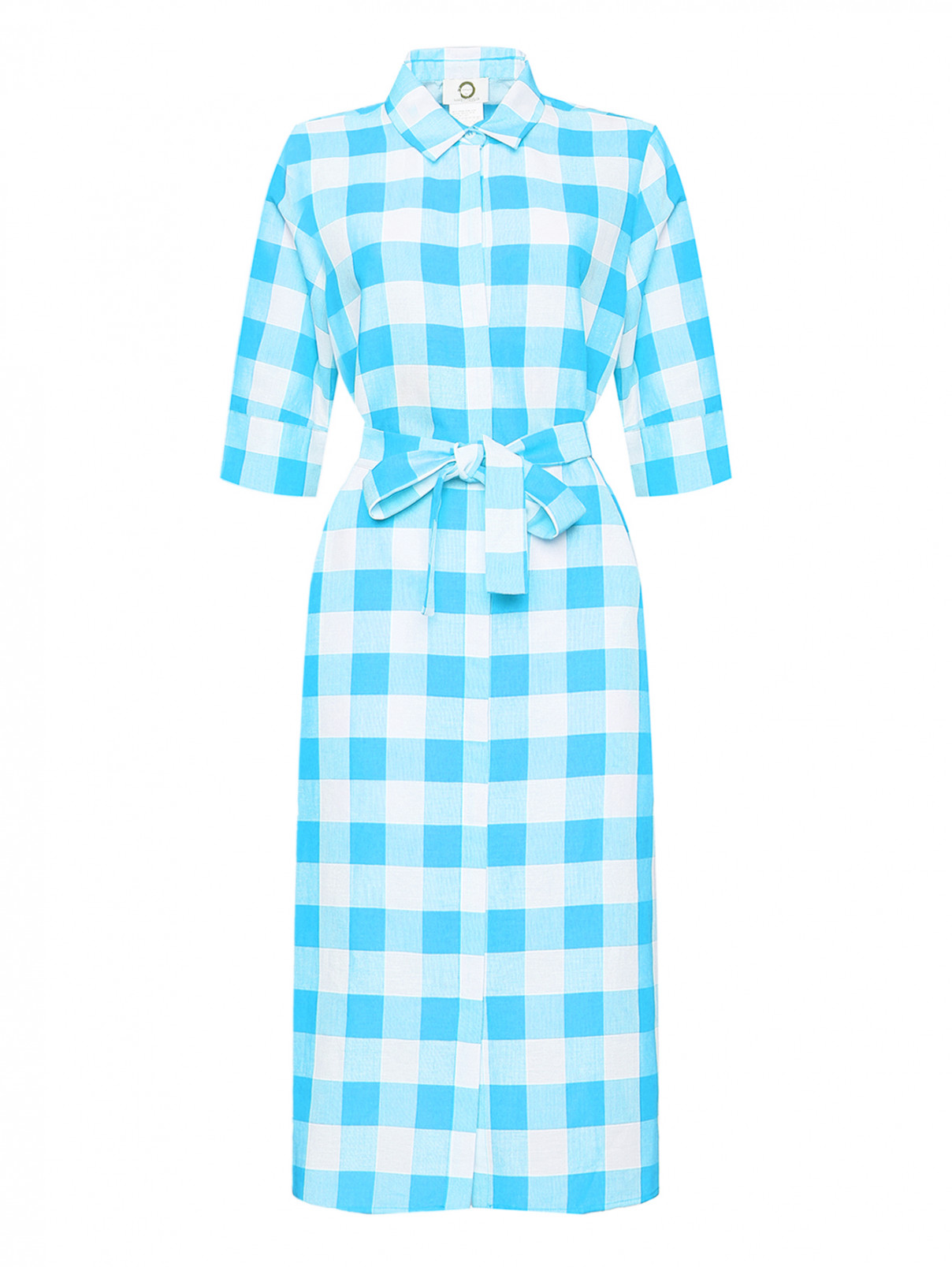 Платье из хлопка и льна с узором клетка Marina Rinaldi  –  Общий вид  – Цвет:  Синий