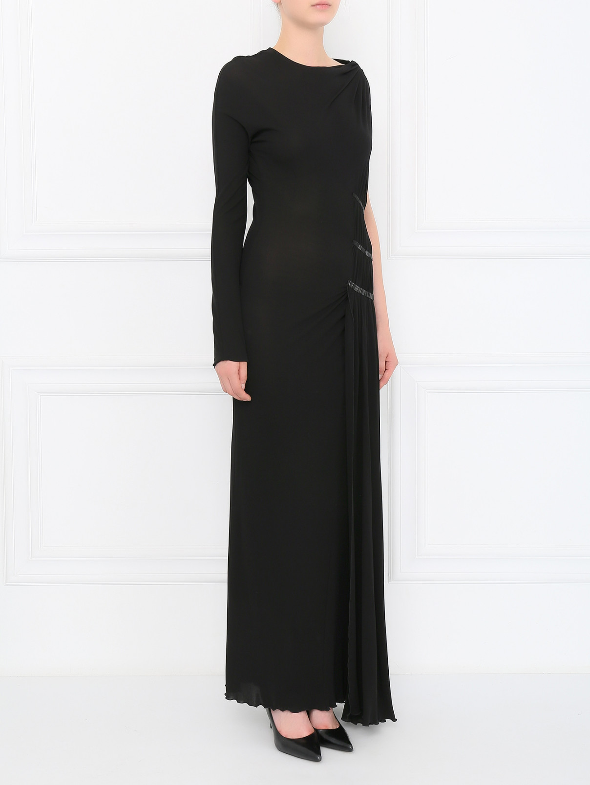 Платье-макси с драпировкой и бисером Jean Paul Gaultier  –  Модель Общий вид  – Цвет:  Черный