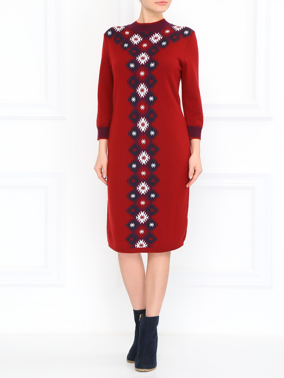 Платье из шерсти с цветочным принтом с рукавами 3/4 BOSCO  –  Модель Общий вид  – Цвет:  Красный