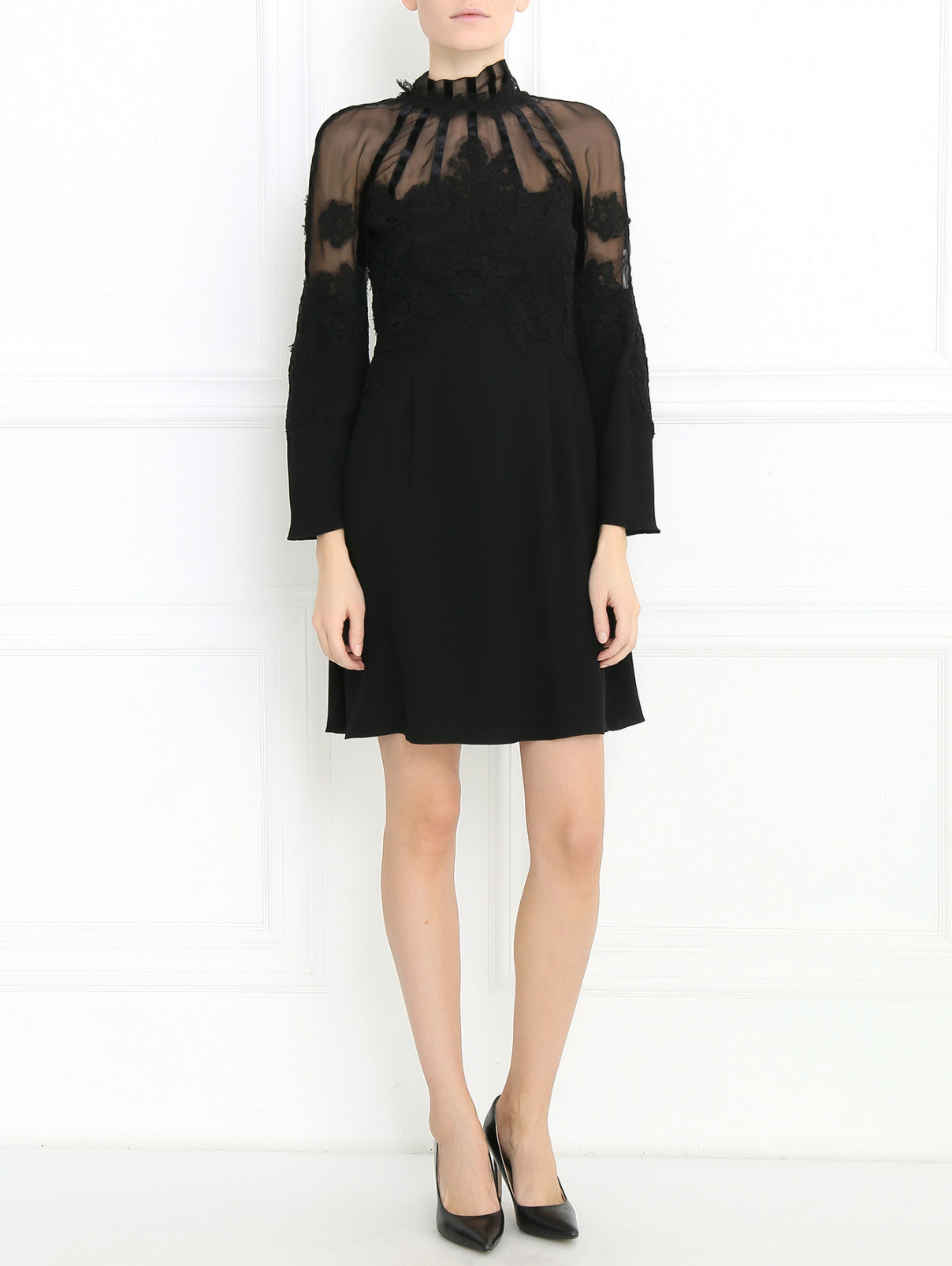 Платье-мини из шелка с отделкой из кружева Alberta Ferretti  –  Модель Общий вид  – Цвет:  Черный