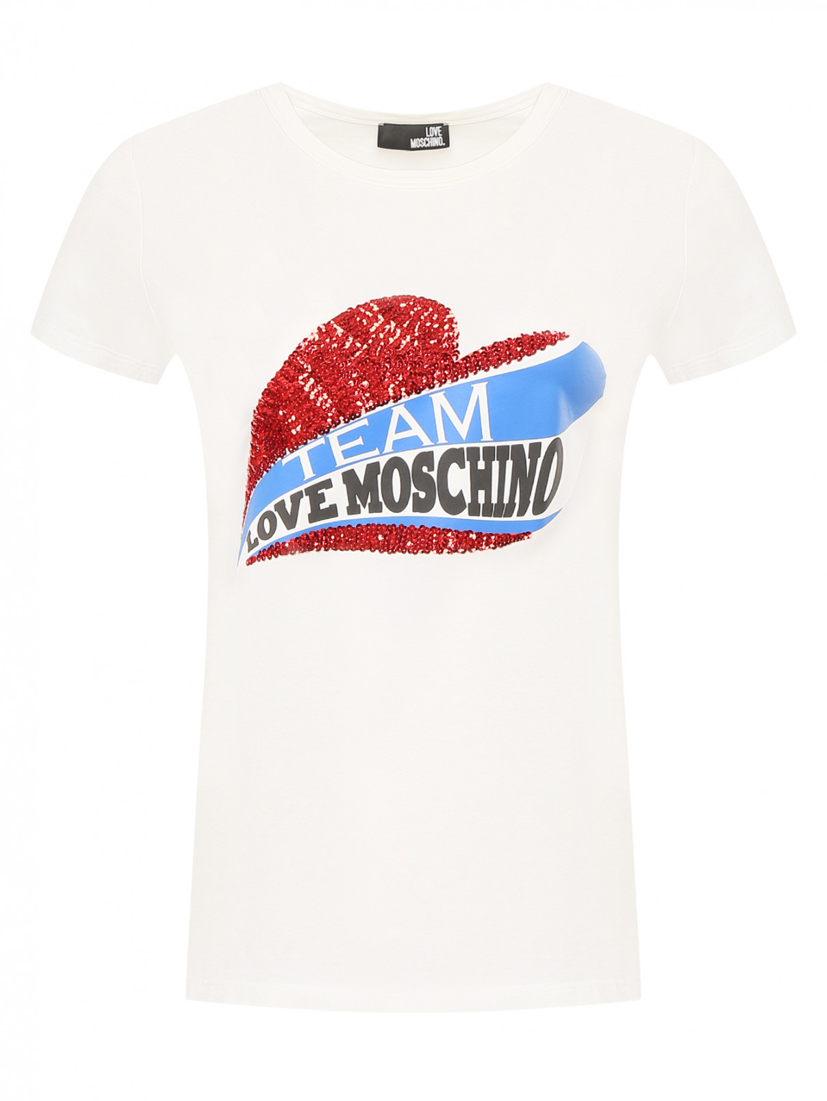 Футболка с принтом и пайетками Love Moschino  –  Общий вид  – Цвет:  Белый