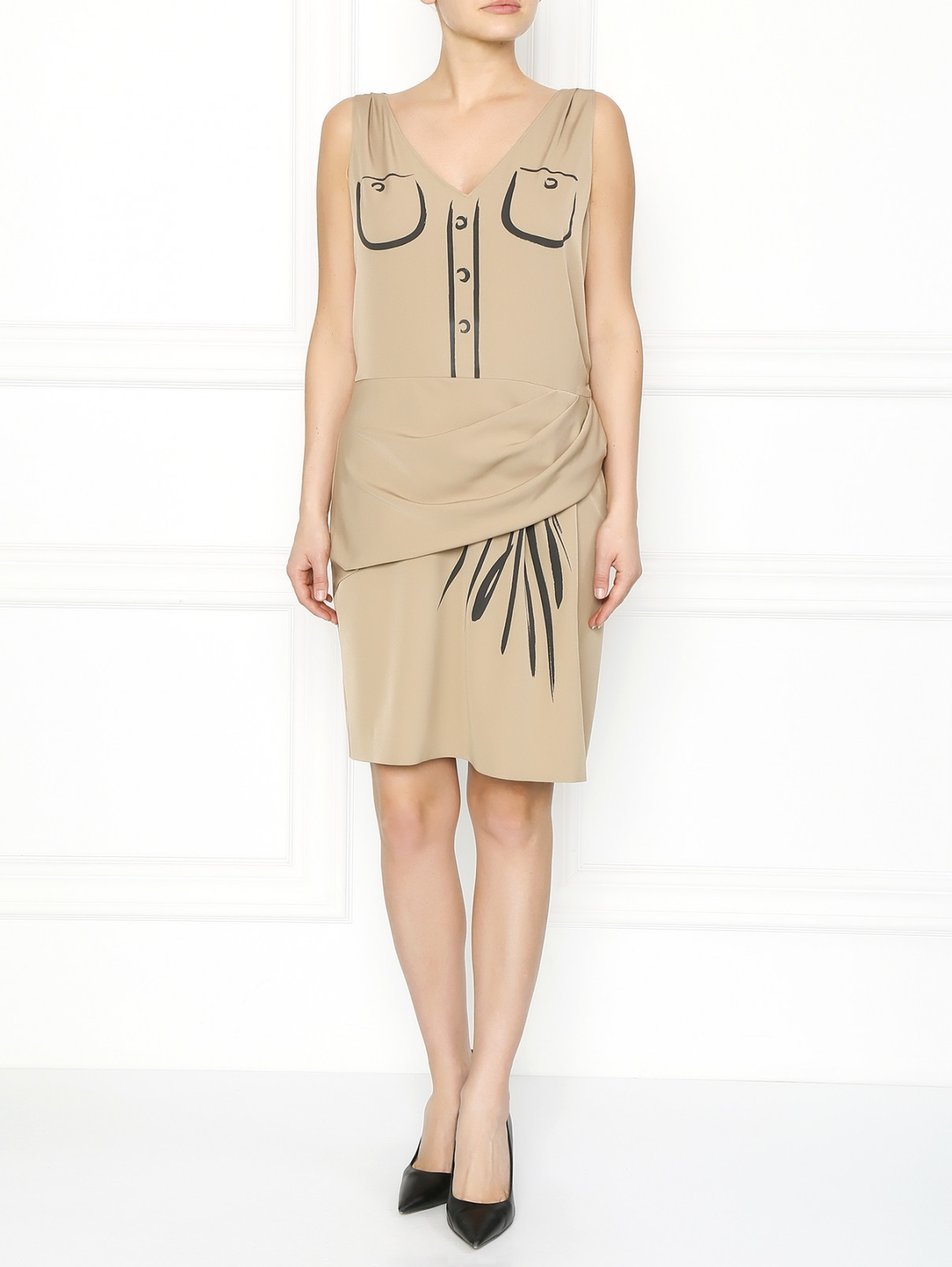 Платье-мини с принтом и драпировкой Moschino  –  Модель Общий вид  – Цвет:  Бежевый