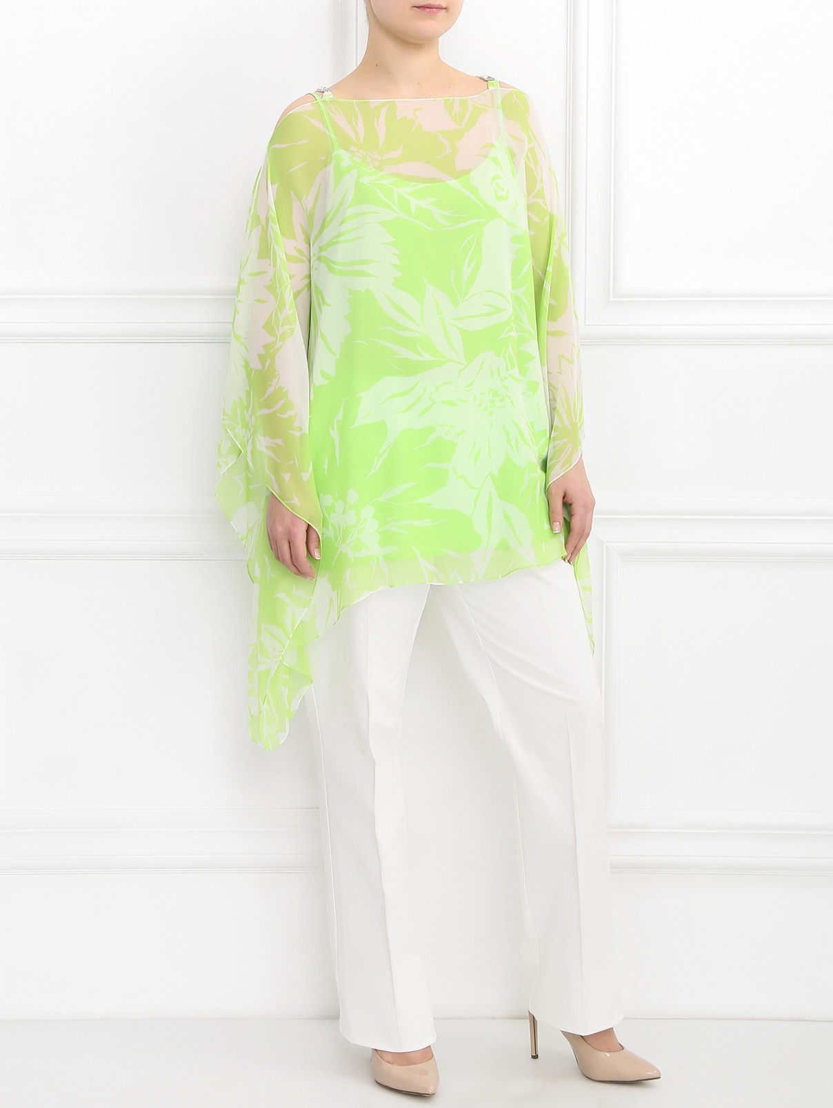 Туника из шелка с цветочным узором Marina Rinaldi  –  Модель Общий вид  – Цвет:  Зеленый