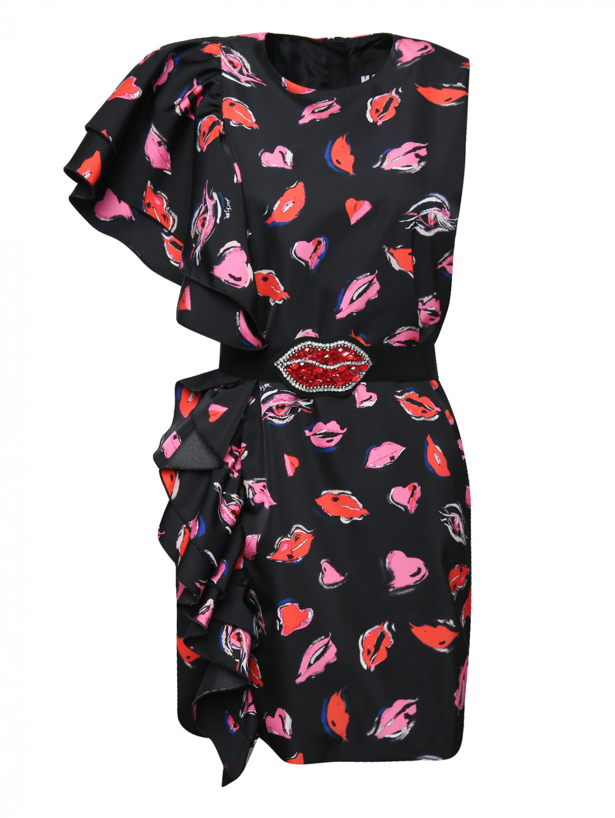 Платье мини асимметричного кроя с принтом и поясом украшенным стразами MSGM  –  Общий вид  – Цвет:  Мультиколор