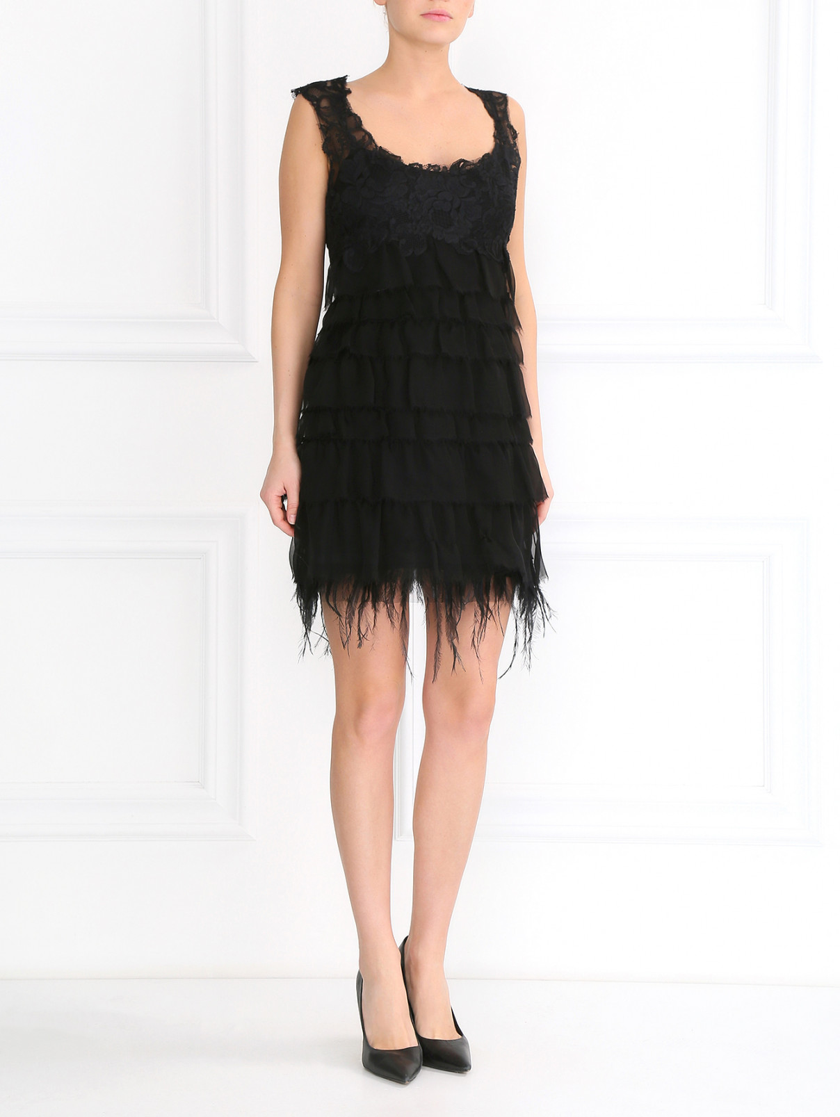Кружевное платье-мини из шелка с отделкой из перьев Alberta Ferretti  –  Модель Общий вид  – Цвет:  Черный