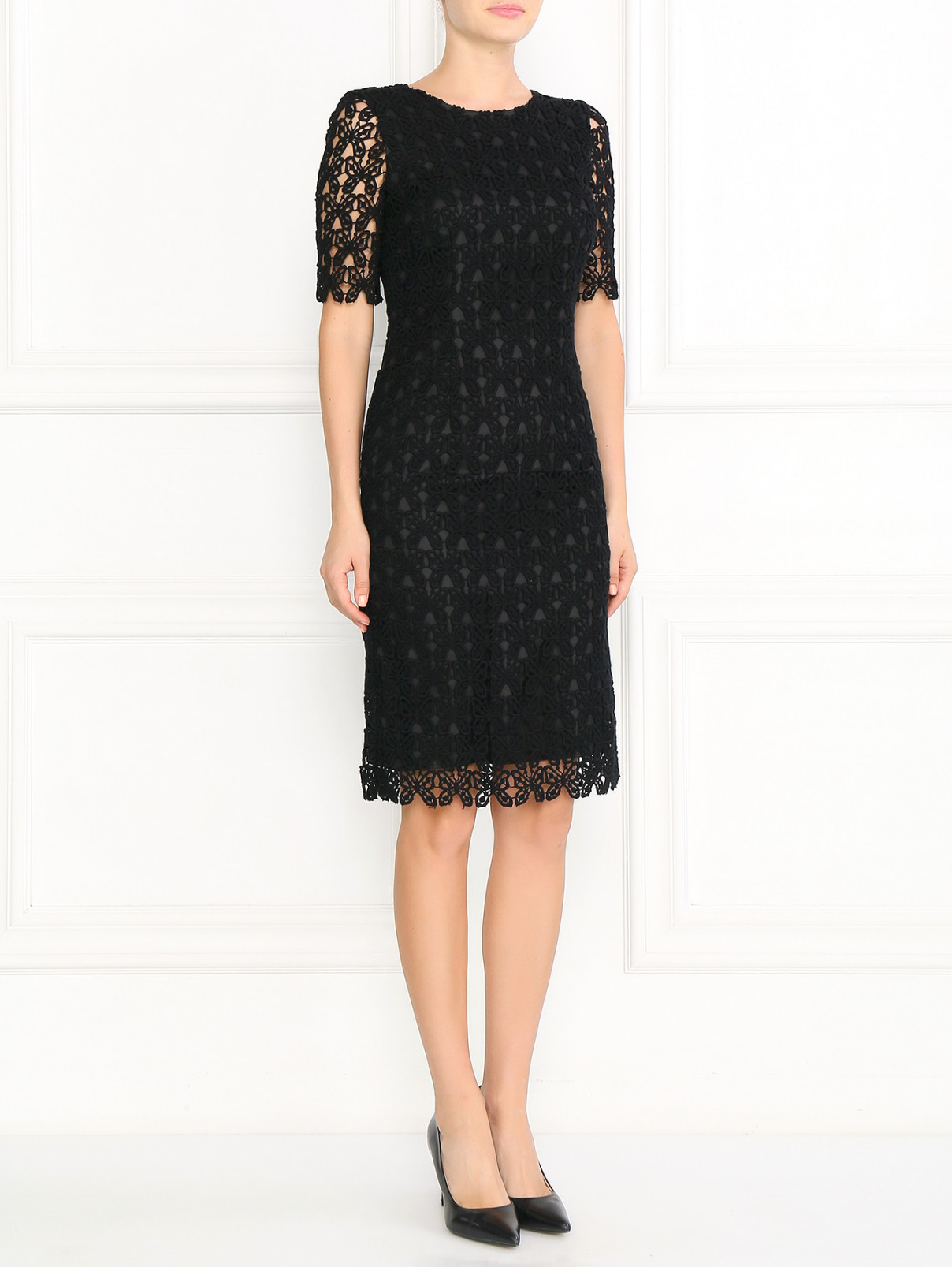 Платье прямого фасона из хлопка с узором из кружева Moschino  –  Модель Общий вид  – Цвет:  Черный