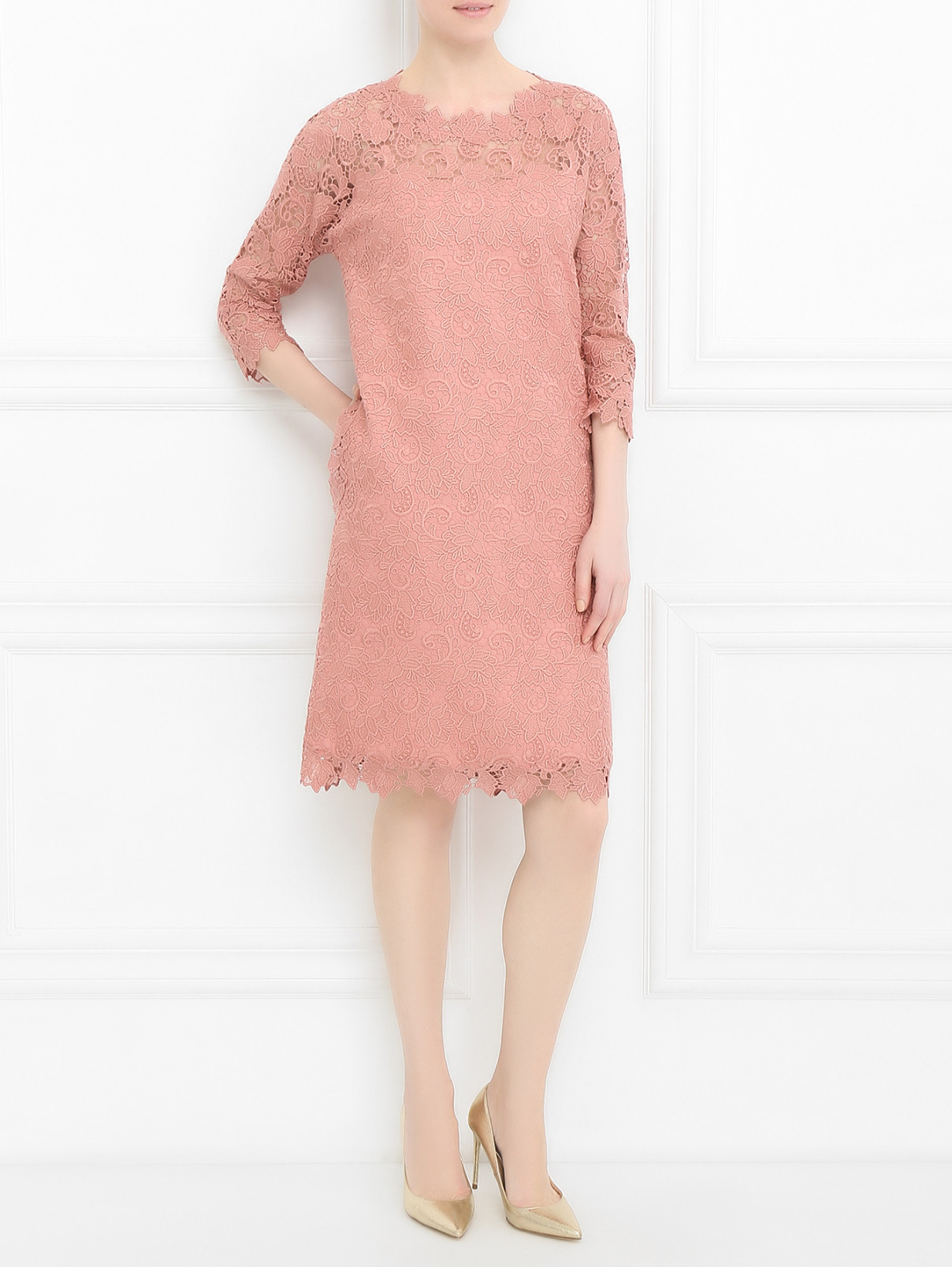 Платье прямого кроя с кружевной вставкой Ermanno Scervino  –  Модель Общий вид  – Цвет:  Розовый