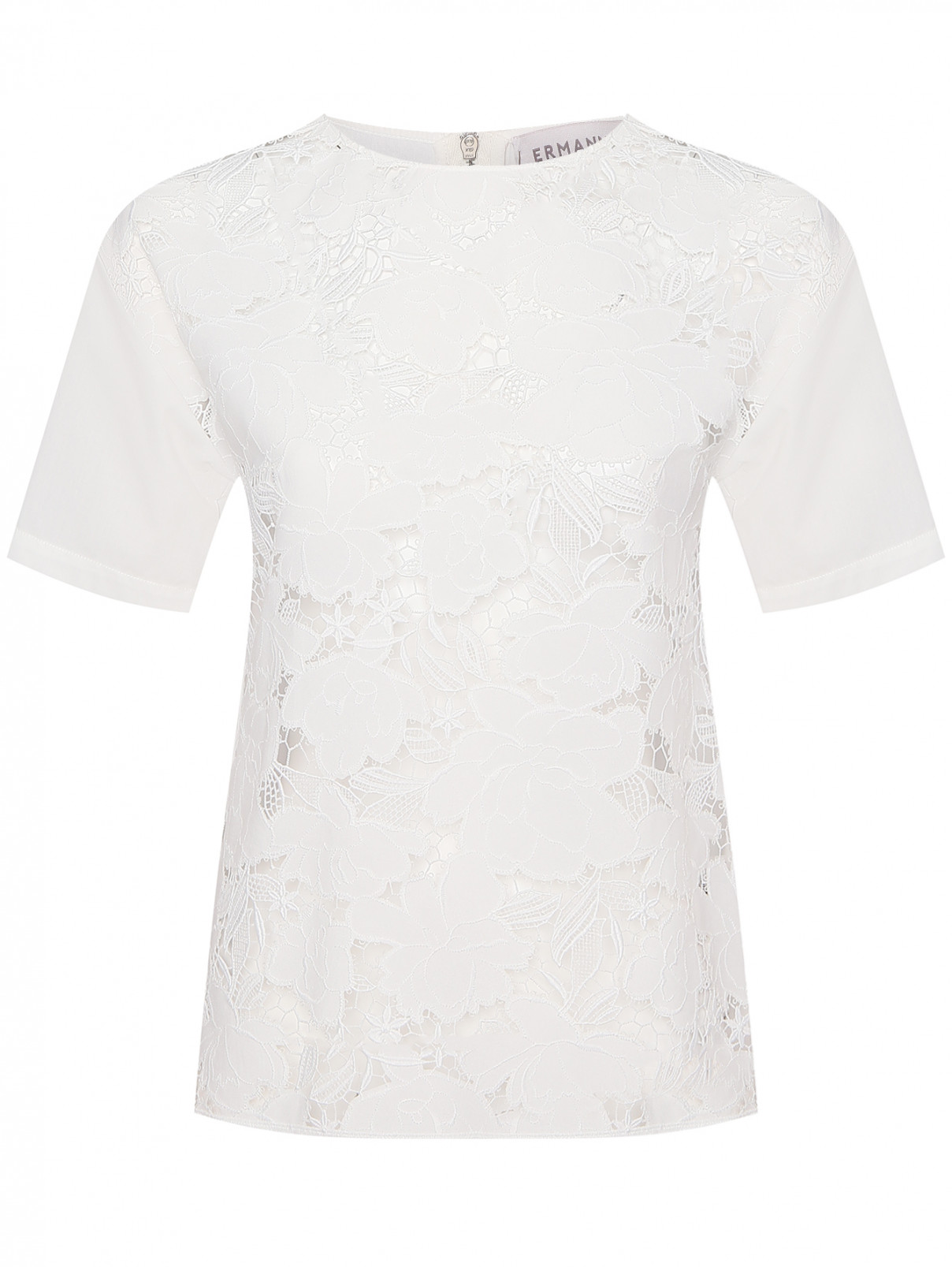 Блуза с коротким рукавом и вышивкой ришелье Ermanno Firenze  –  Общий вид  – Цвет:  Белый