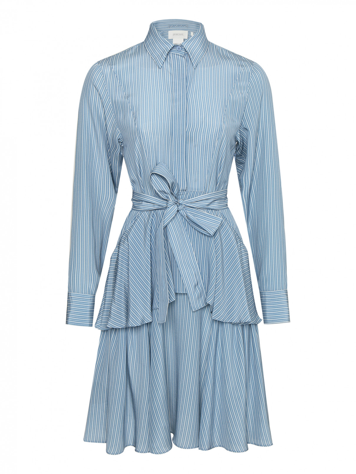 Платье из шелка с узором и поясом Sportmax  –  Общий вид  – Цвет:  Синий