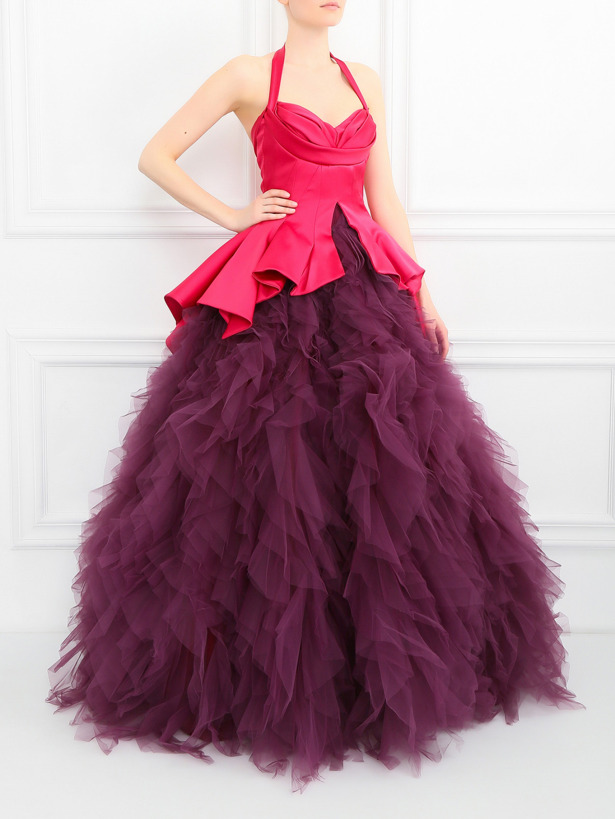 Платье-макси из сетки и плотного атласа Zac Posen  –  Модель Общий вид  – Цвет:  Фиолетовый