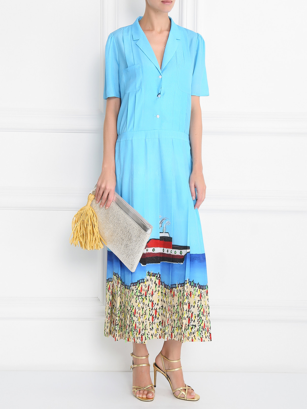 Платье-миди с декоративным узором Stella Jean  –  Модель Общий вид  – Цвет:  Синий