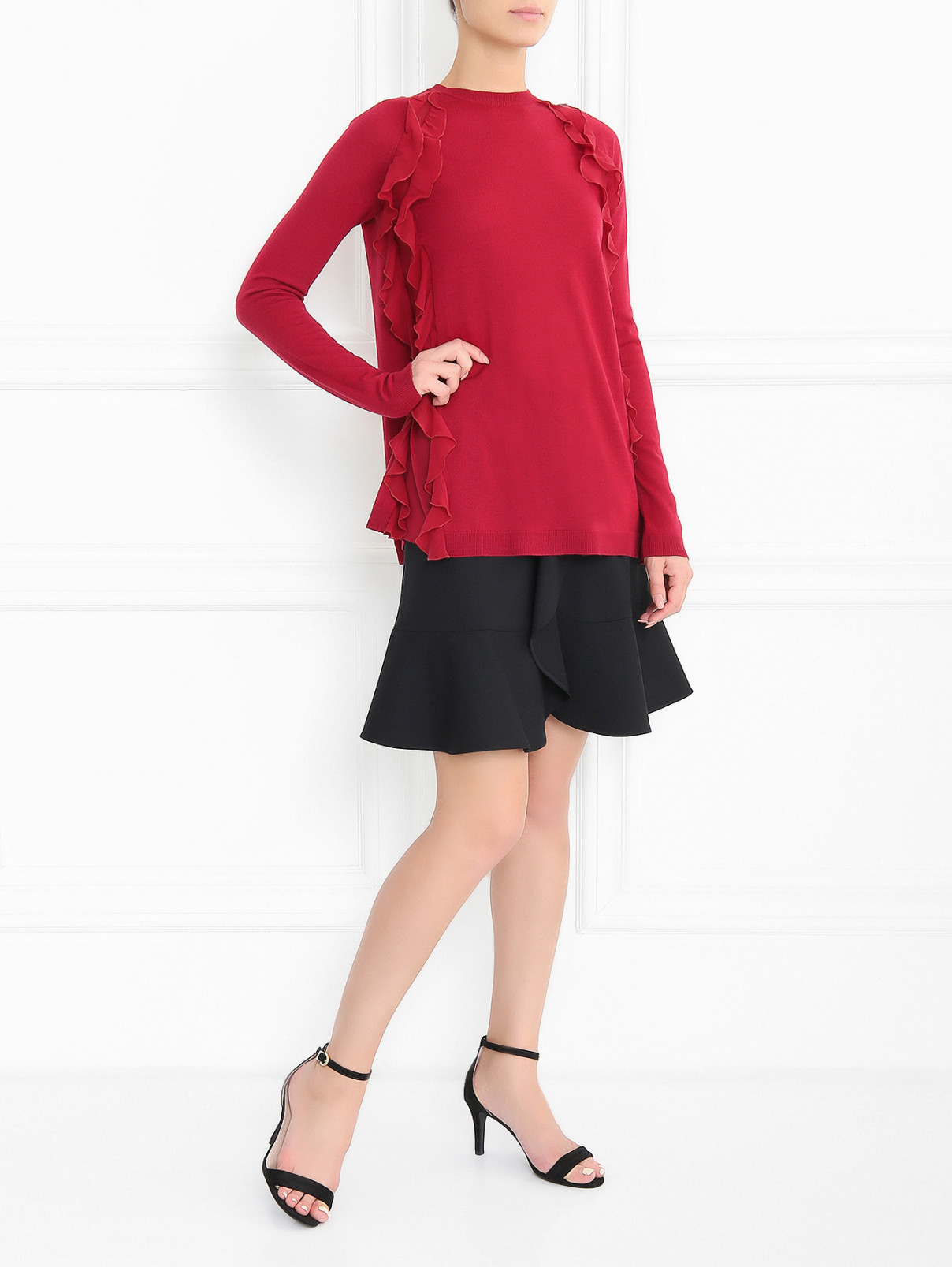 Джемпер из шерсти с воланами из шелка Red Valentino  –  Модель Общий вид  – Цвет:  Красный