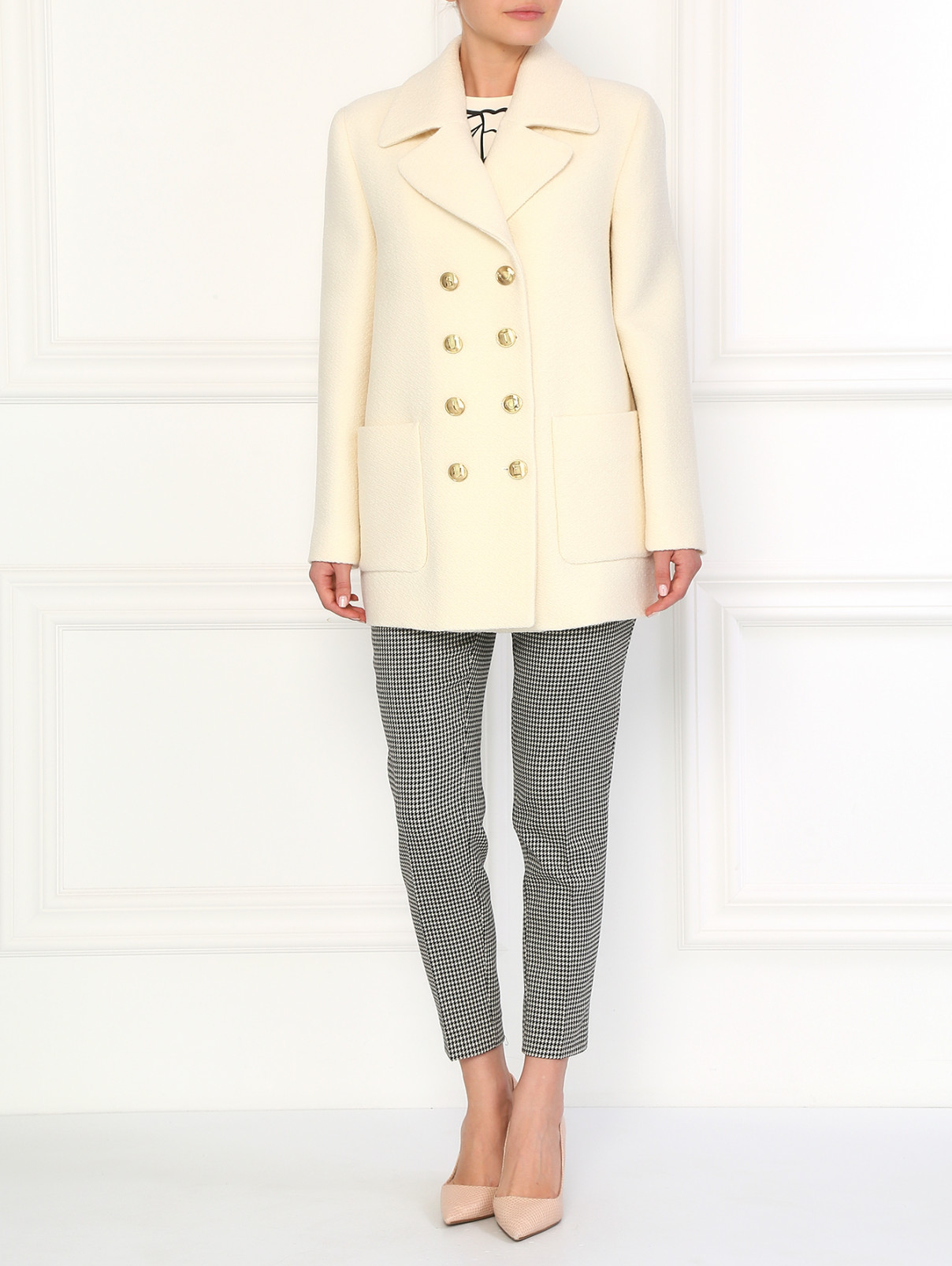 Двубортное шерстяное пальто с боковыми карманами Moschino Boutique  –  Модель Общий вид  – Цвет:  Белый