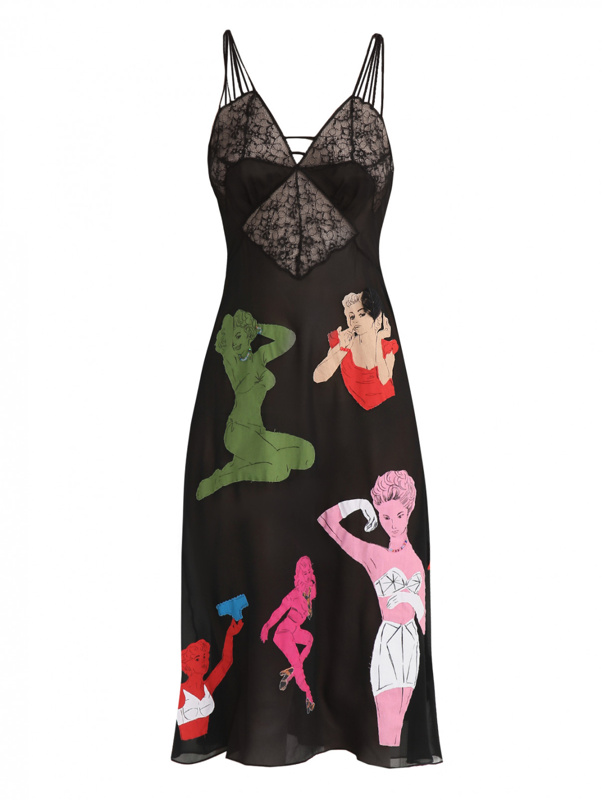 Платье миди из шелка на тонких бретелях с отделкой из кружева и аппликациями Moschino Couture  –  Общий вид  – Цвет:  Черный