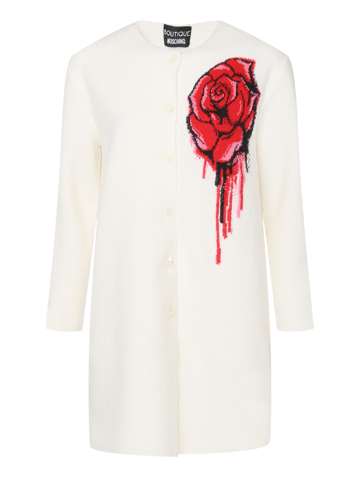 Трикотажное пальто из шерсти с принтом Moschino Boutique  –  Общий вид  – Цвет:  Белый