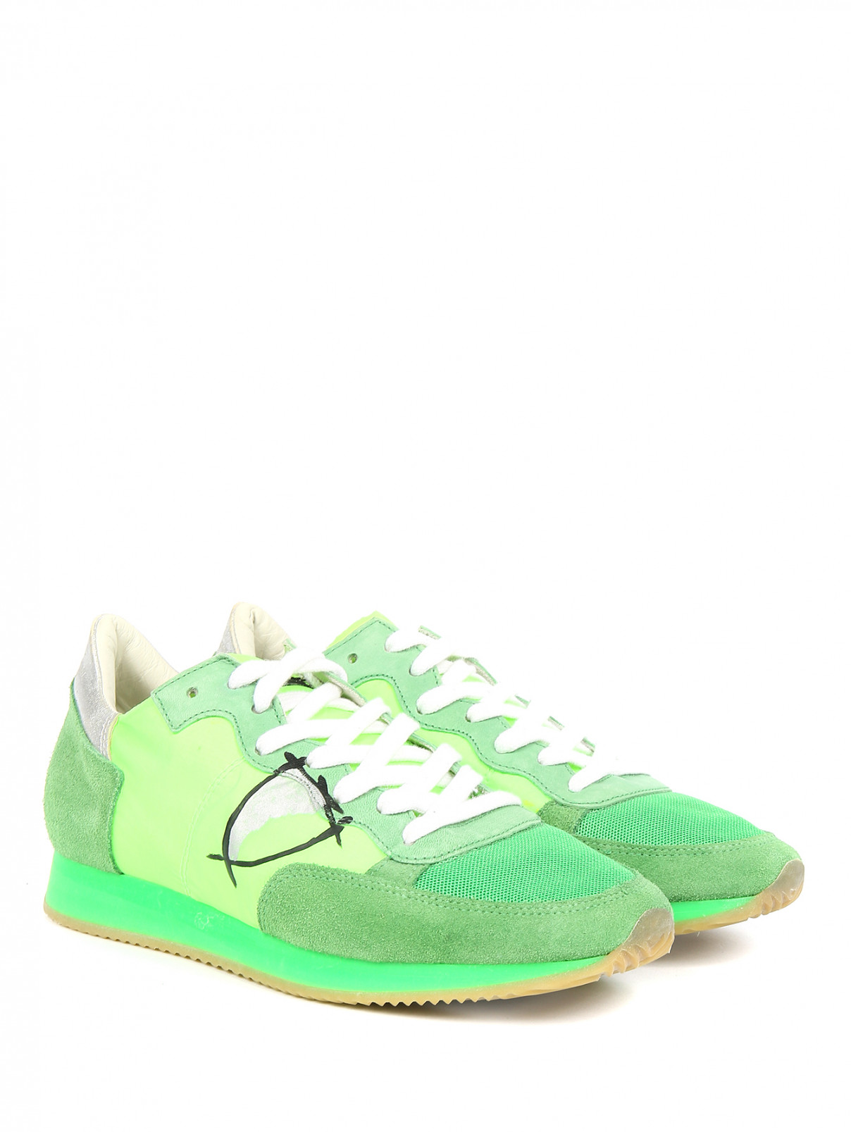 Кроссовки со вставками из замши Philippe Model  –  Общий вид  – Цвет:  Зеленый