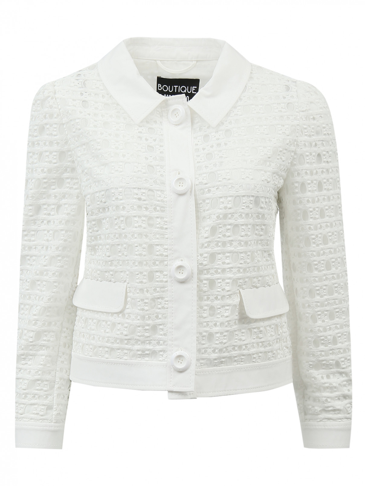 Жакет укороченный на пуговицах выполненный из перфорированной ткани Moschino Boutique  –  Общий вид  – Цвет:  Белый