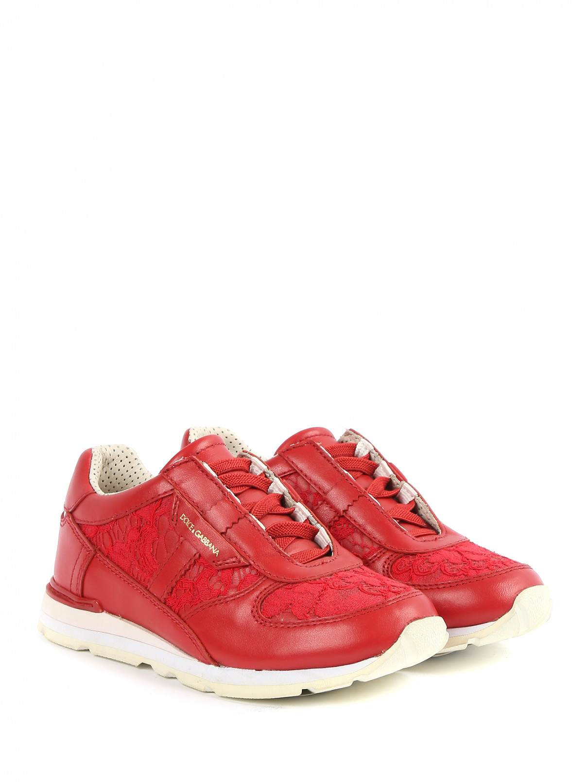 Кроссовки из кожи со вставками из кружева Dolce & Gabbana  –  Общий вид  – Цвет:  Красный