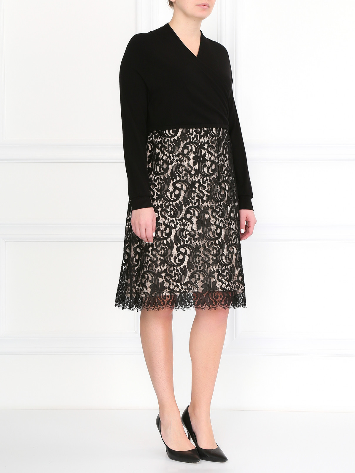Платье-футляр с кружевной юбкой Marina Rinaldi  –  Модель Общий вид  – Цвет:  Черный