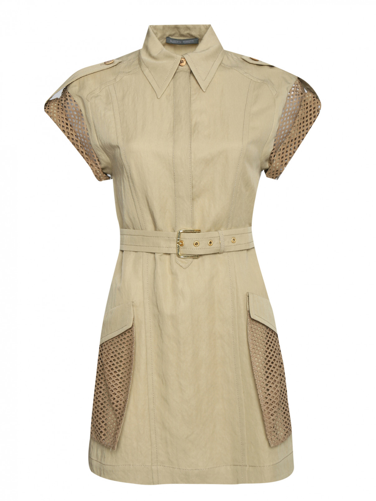Платье с накладными карманами и поясом Alberta Ferretti  –  Общий вид  – Цвет:  Бежевый