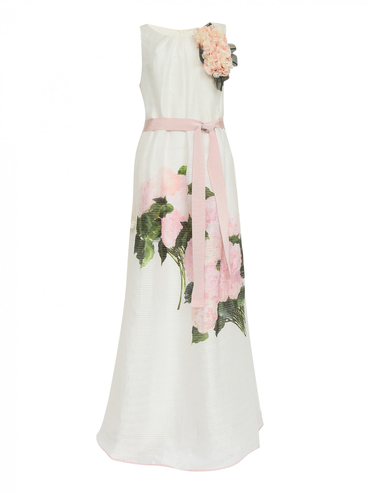 Платье-макси из льна и шелка с цветочным узором Marina Rinaldi  –  Общий вид  – Цвет:  Белый