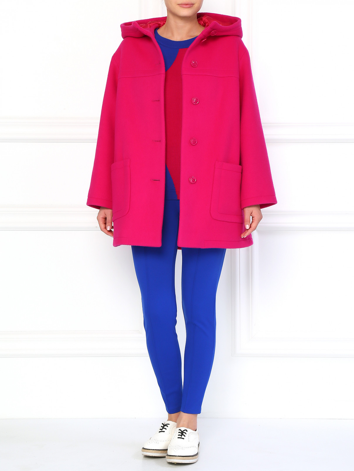 Шерстяное пальто А-образного силуэта с капюшоном Moschino Boutique  –  Модель Общий вид  – Цвет:  Фиолетовый