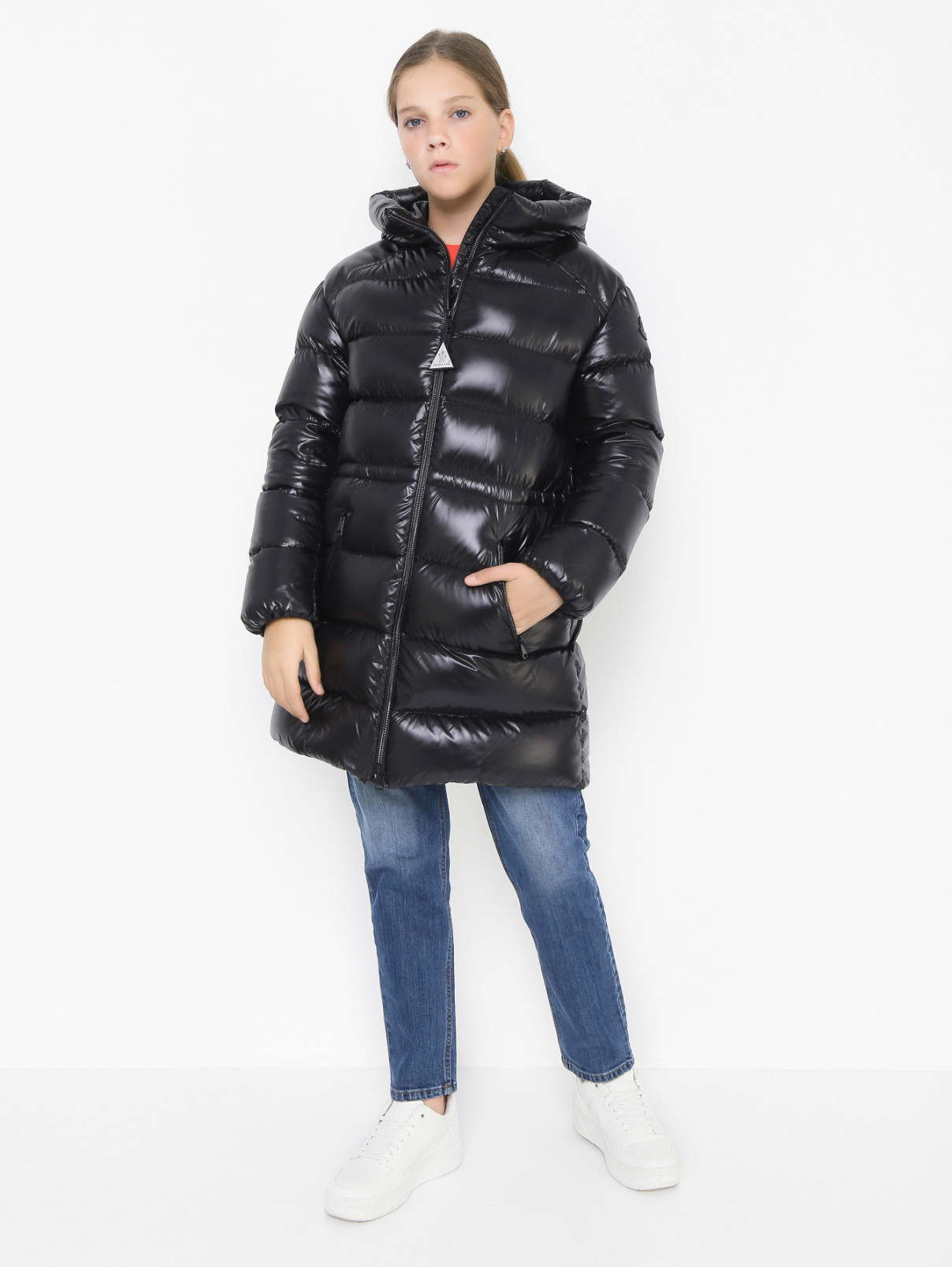 Пуховое стеганое пальто Moncler  –  МодельОбщийВид  – Цвет:  Черный