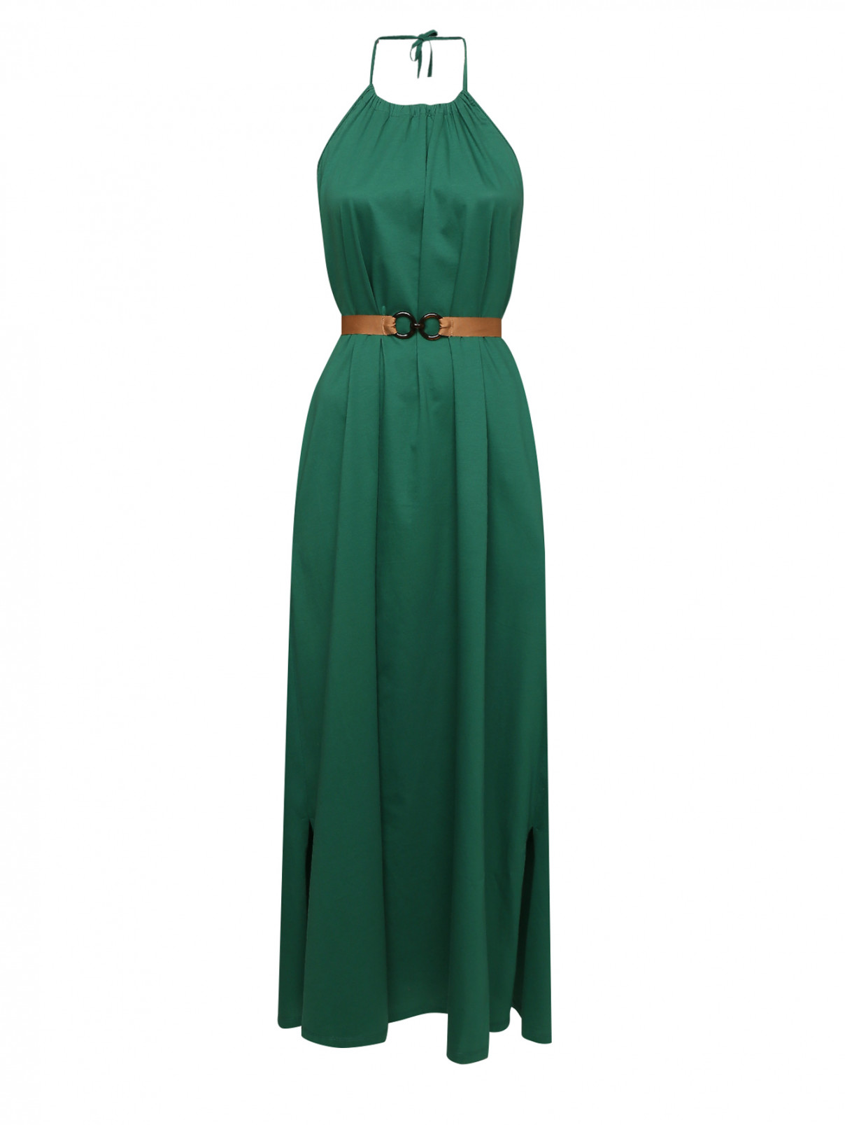 Платье хлопковое со сборкой Max Mara  –  Общий вид  – Цвет:  Зеленый
