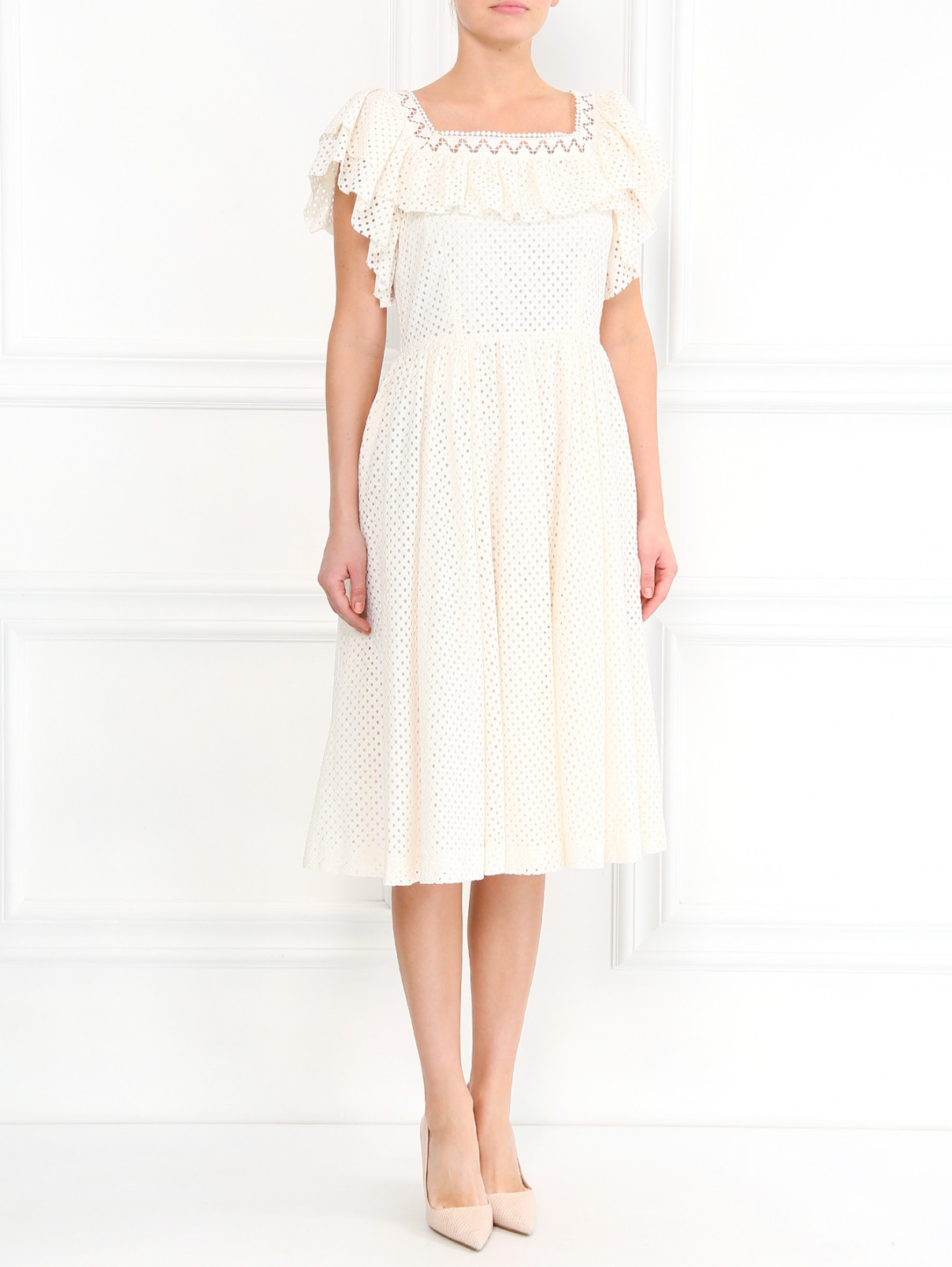 Платье с перфорацией с коротким рукавом Philosophy di Lorenzo Serafini  –  Модель Общий вид  – Цвет:  Белый