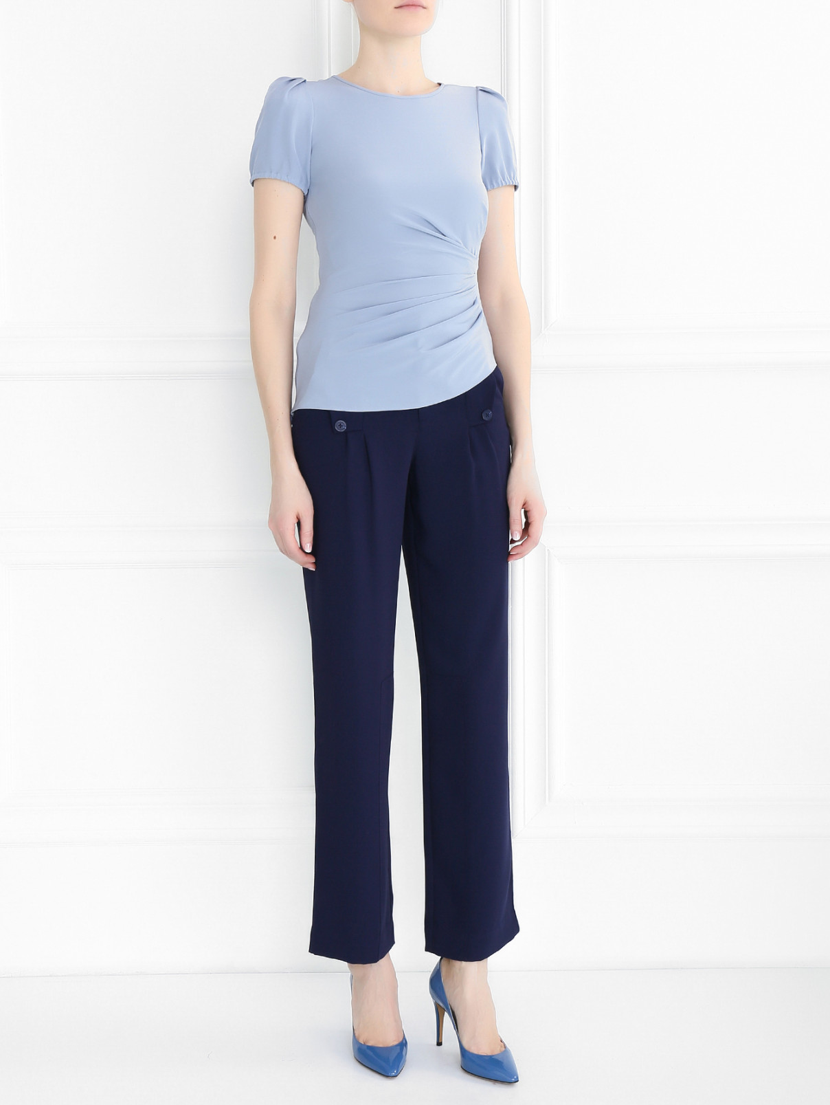 Блуза из шелка с драпировкой Emporio Armani  –  Модель Общий вид  – Цвет:  Синий