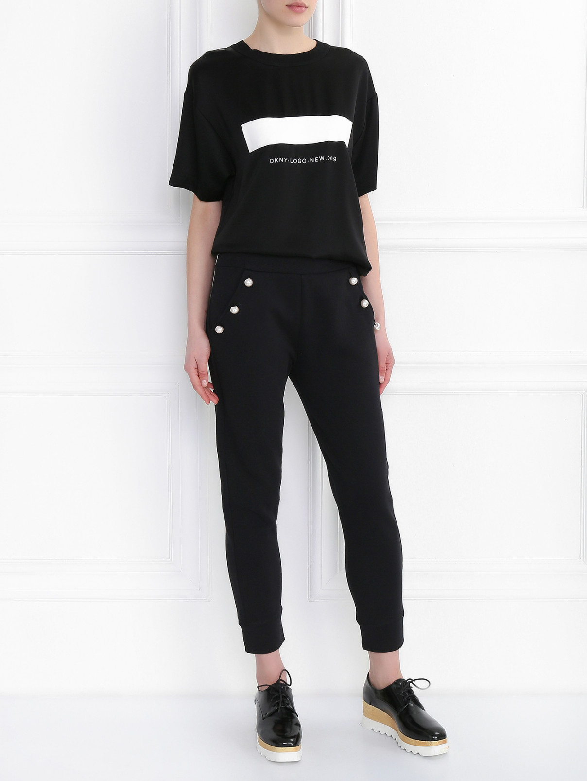 Спортивные брюки из хлопка с декоративной отделкой Moschino Boutique  –  Модель Общий вид  – Цвет:  Черный