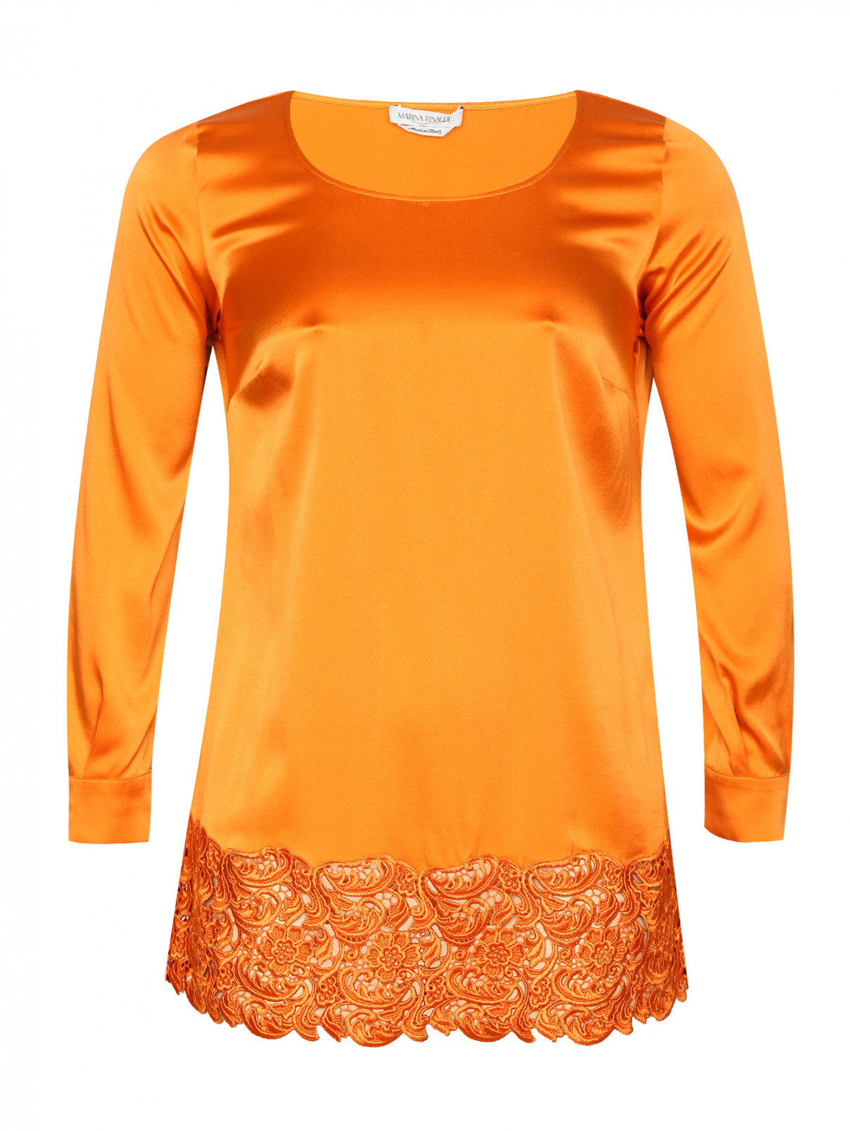 Удлиненная блуза из шелка с кружевной отделкой Marina Rinaldi  –  Общий вид  – Цвет:  Оранжевый